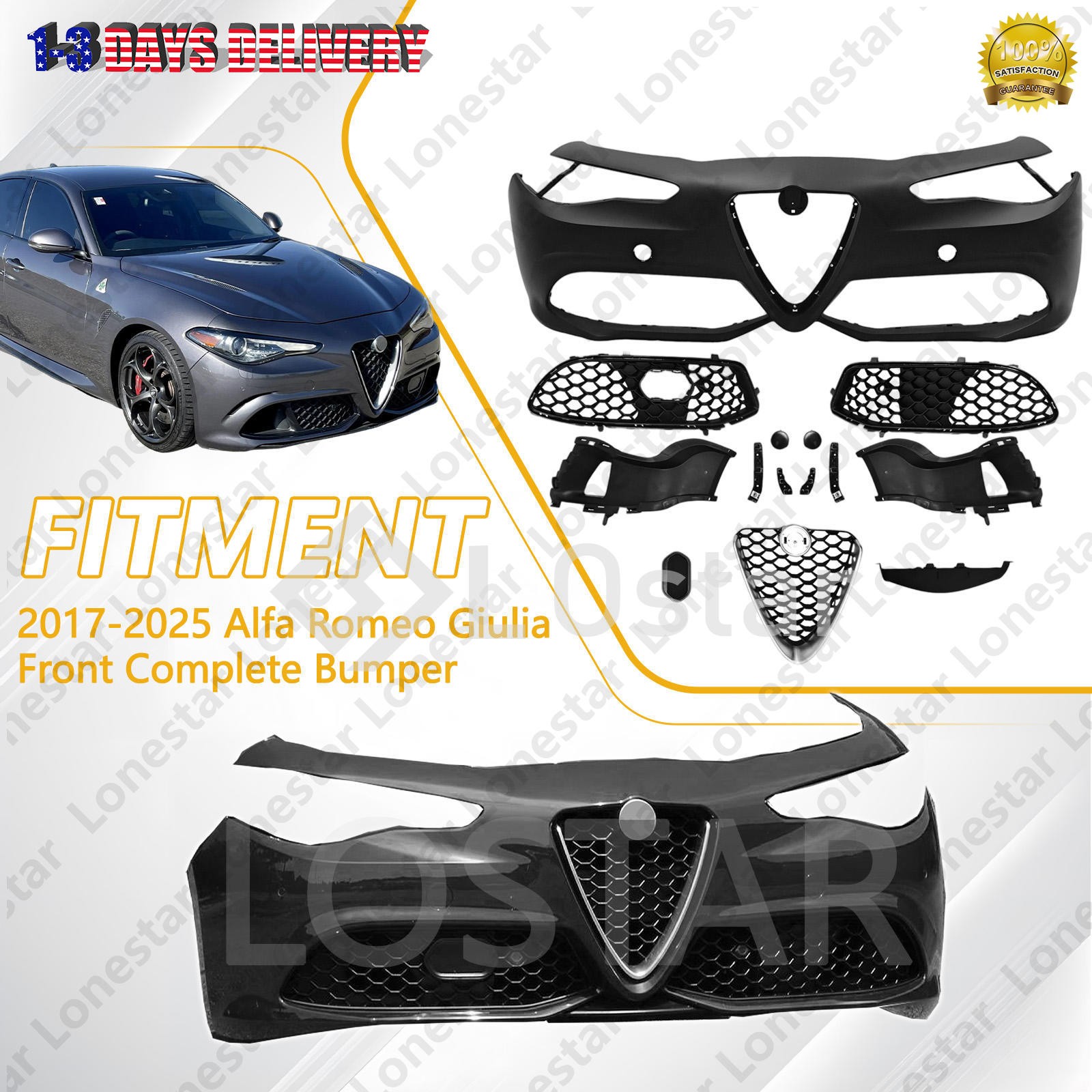 Front Complete Bumper Kit W/ Grille Brackets For 2017-2025 Alfa Romeo Giulia