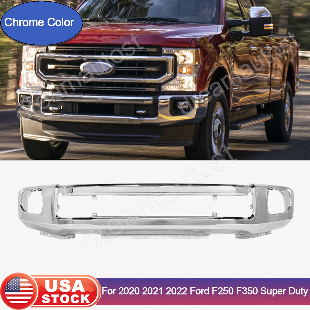 Chrome Steel Front Bumper Face Bar w/ Fog For 2020-2022 Ford F250 F350 FO1002450