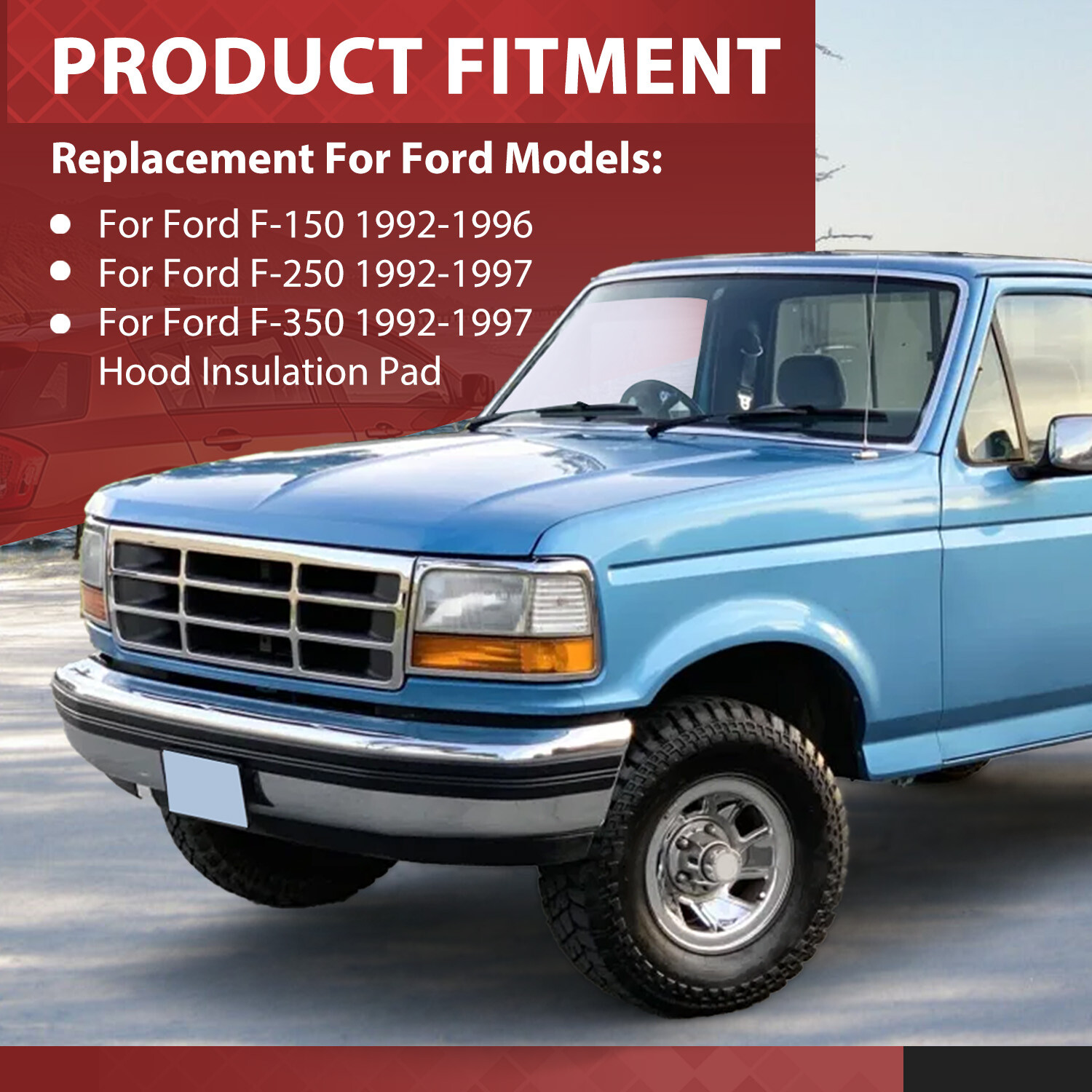 For 1992-1996 Ford F-150/F-250 F-350 Truck 1992-1997 Hood Insulation Pad w/Clips