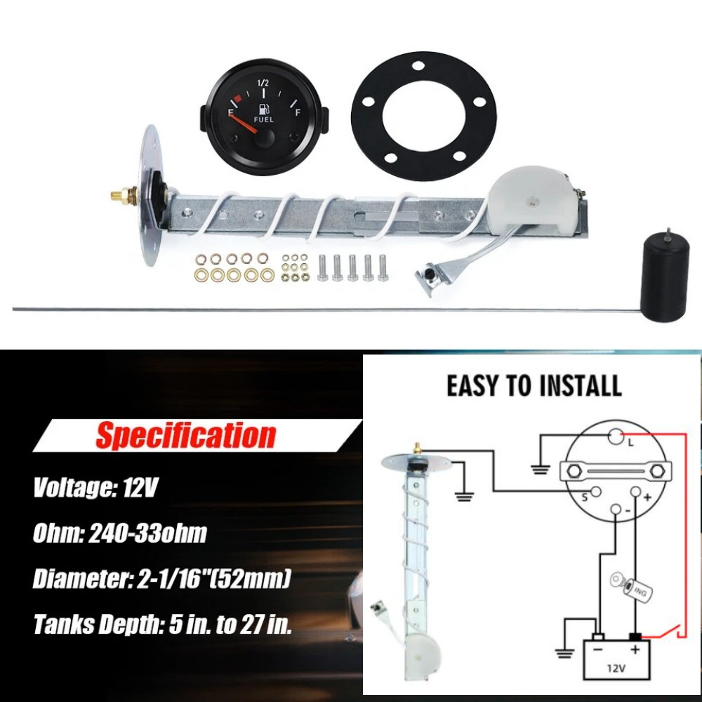 Universal 2″ 52mm Fuel Level Gauge Kit W/ Fuel Float Sensor E-1/2-F Pointer 12V