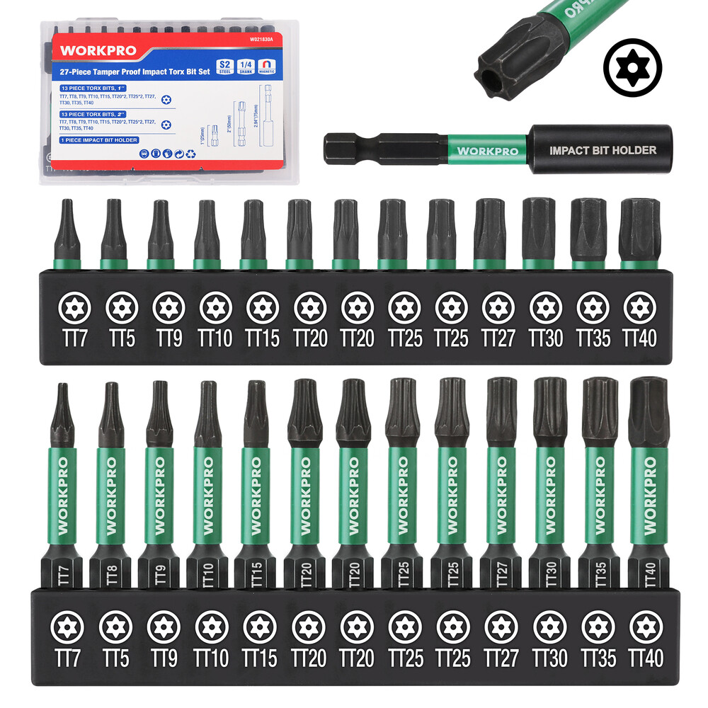 WORKPRO 27PC Impact Torx Bit Set (TT7-TT40) 1/4″ Hex-Shank W/1″&2″ Long Star Bit