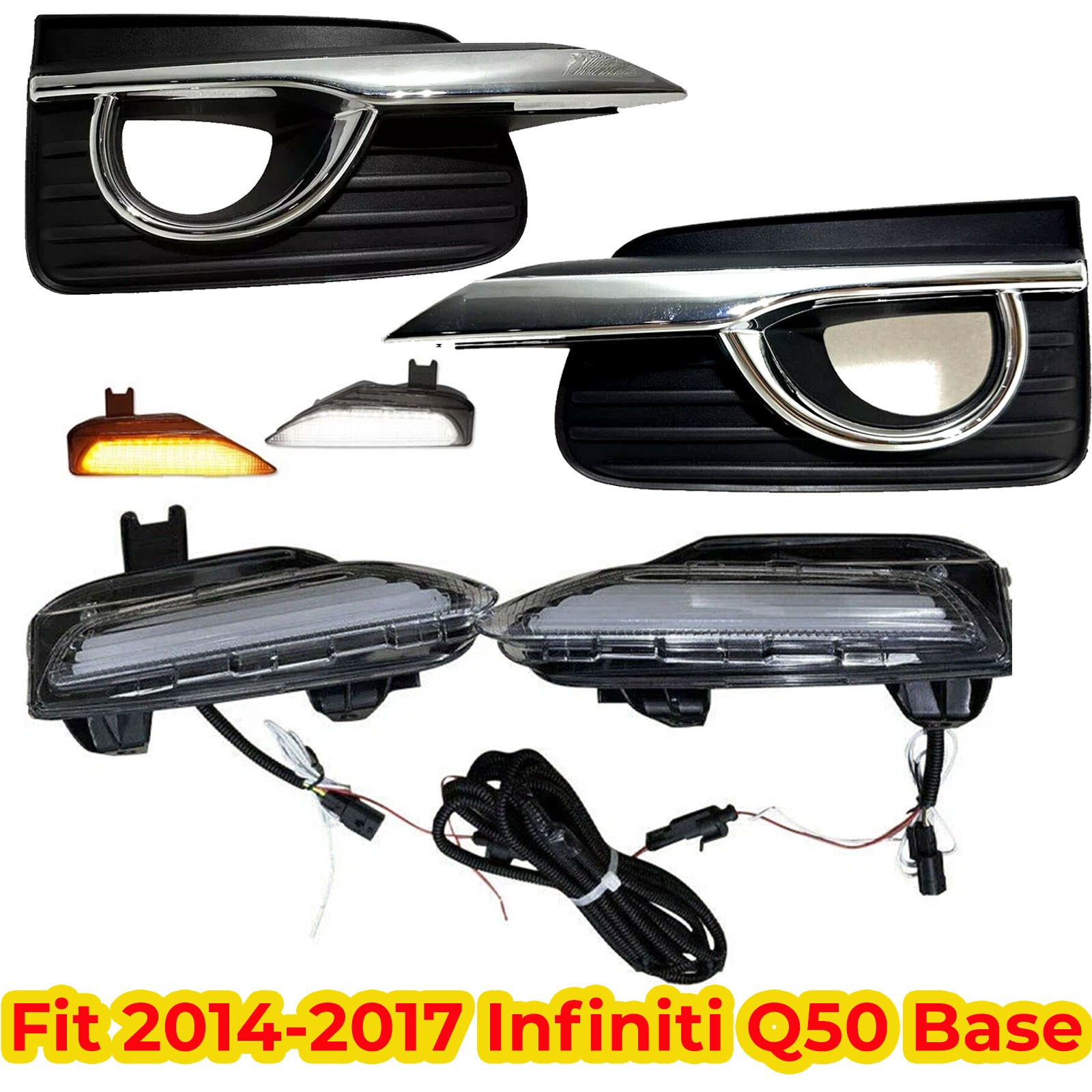 Fit 2014 -17 Infiniti Q50 Base Fog Light Cover & LED Sequential Signal Fog Light