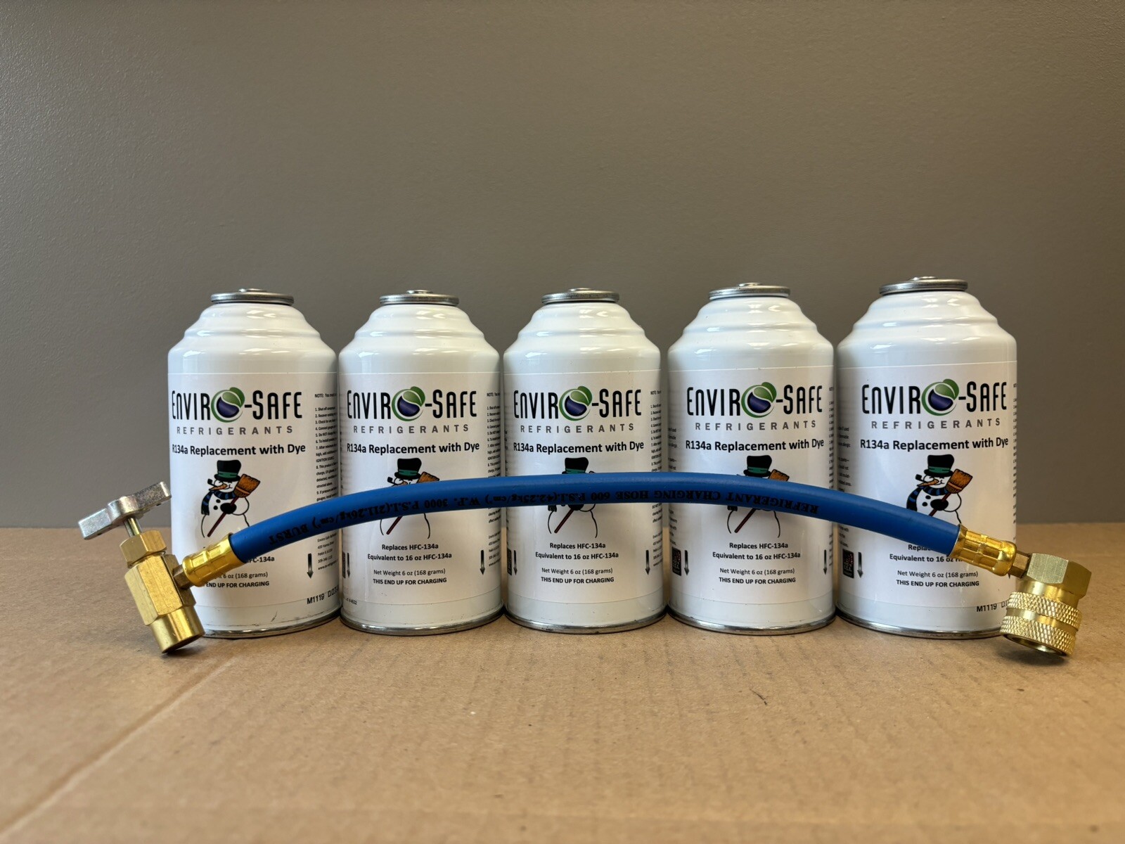 Envirosafe R134a Replacement Refrigerant with dye, 5 CANS, Charging Hose.