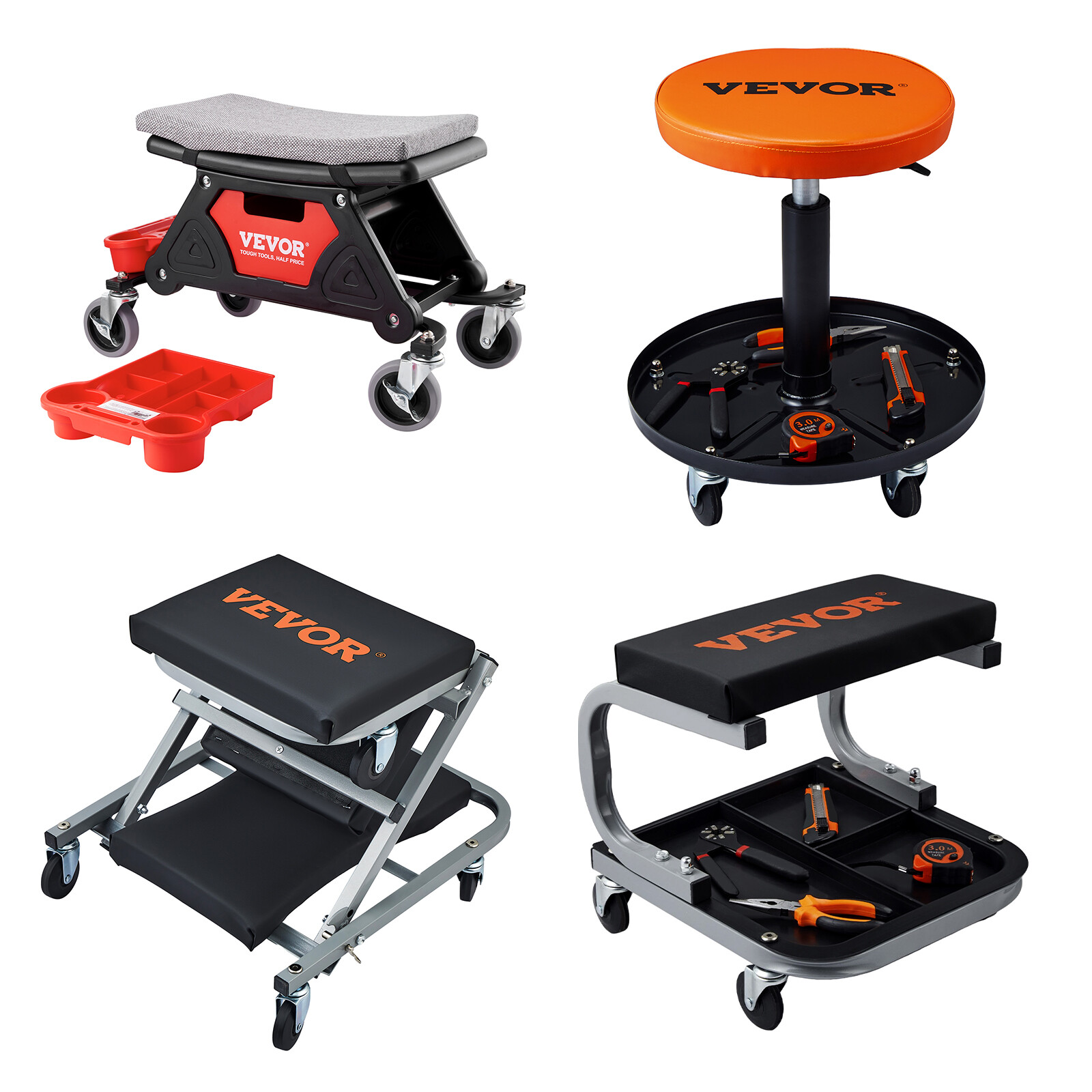 VEVOR Mechanic Stool Creeper Seat 300/250lb Rolling Shop Stool with Tool Trays