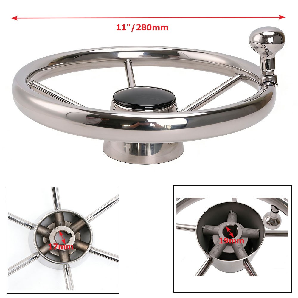 11 inch Boat Steering Wheel 5 Spoke Stainless Steel Destroyer Style Marine Knob