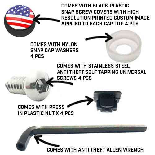 ANTI THEFT LICENSE PLATE SECURITY SCREWS STAINLESS + BLACK FIREFIGHTER DEPT CAPS