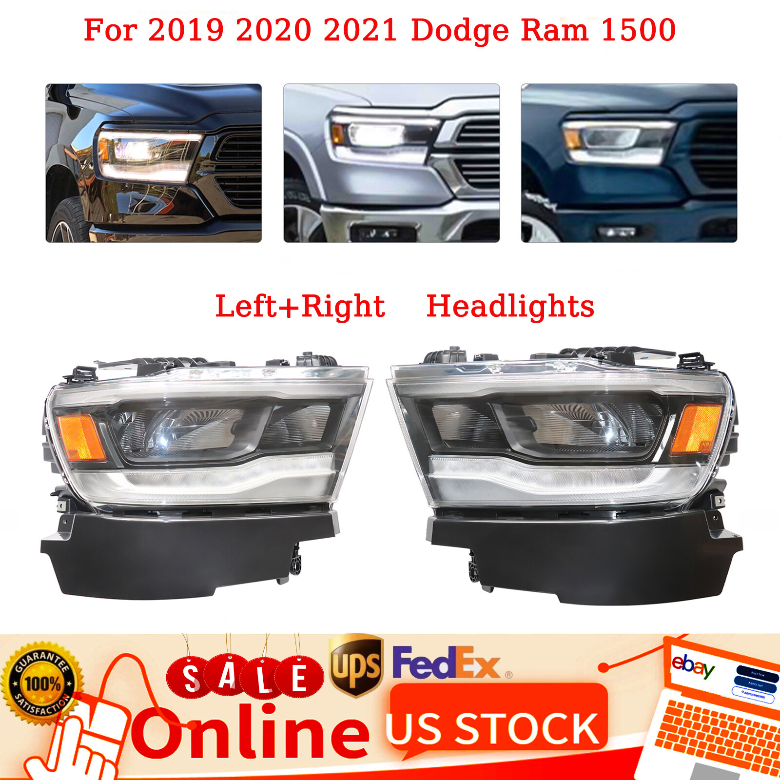 For 2019-24 Dodge Ram 1500 Rebel Pair Full LED Headlights Headlamp W/ DRL RH LH