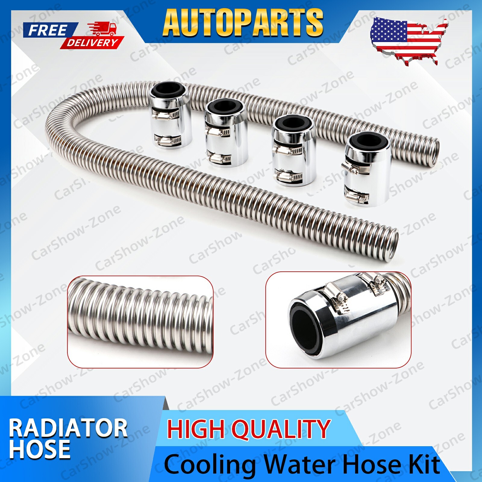 New 48“ Stainless Steel Radiator Flexible Coolant Water Hose Chrome Caps Silver.
