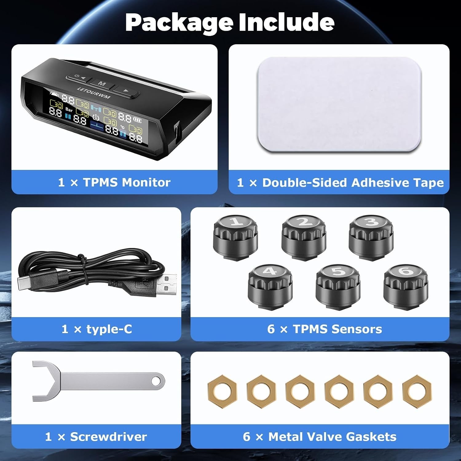 Upgrade RV TPMS 6 Sensors, Solar Charge, USB-C, Color LCD, 0-144PSI, Safe Drive