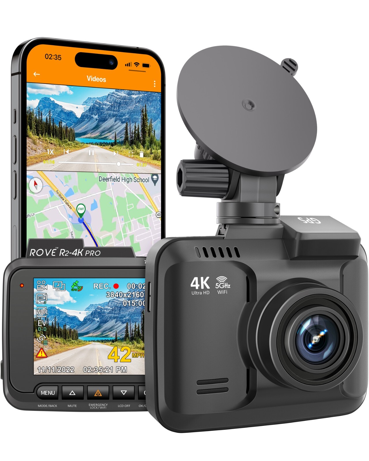 ROVE R2-4K PRO Car Dash Cam IPS Display GPS 5G WiFi 2160P UHD 30FPS Parking Mode