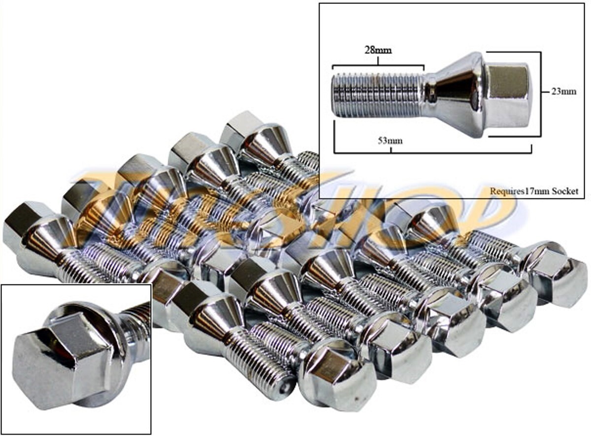 20 BMW BENZ 28MM TUNER WHEELS RIM LUG BOLTS NUT 12×1.5 CONE TAPER CONICAL CHROME