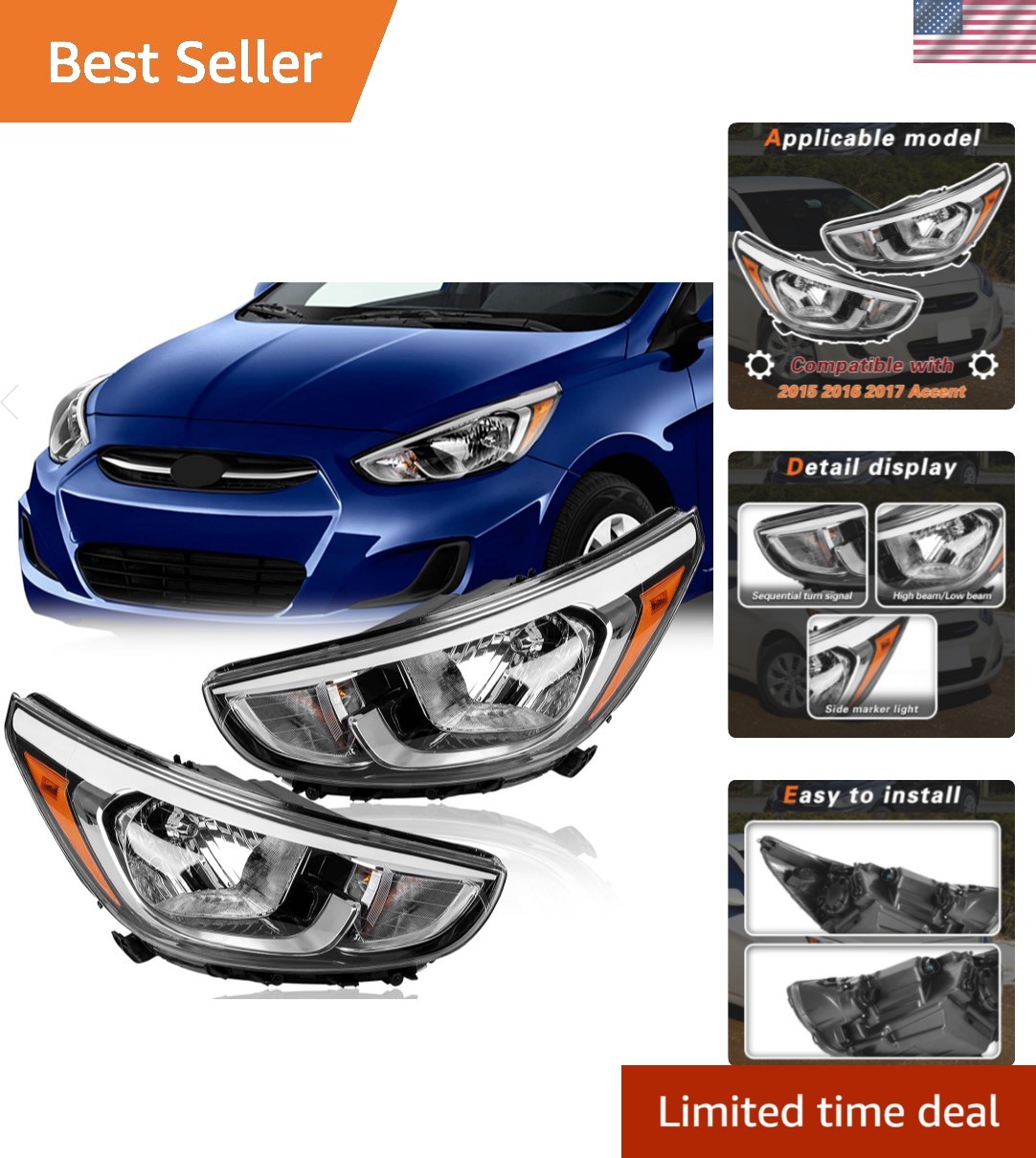 Reliable Headlight Assembly for 2015-2017 Hyundai Accent – Driver & Passenger