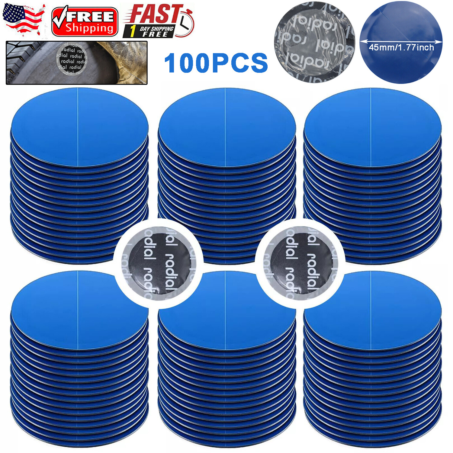 100 PCS MEDIUM SIZE (1- 3/4″) ROUND RADIAL REPAIR TIRE PATCHES WITH HIGH QUALITY