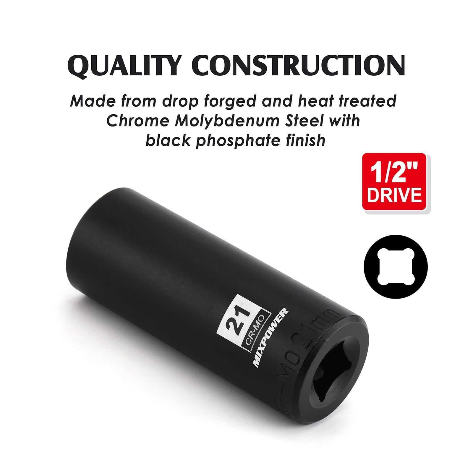 1/2 Inch Drive Deep Impact Socket, CR-MO, 21mm, 6 Point, Radius 21mm