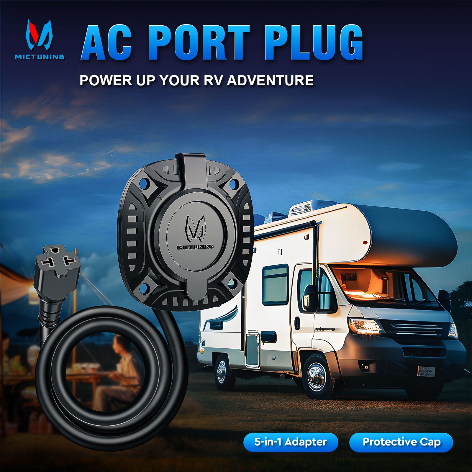 5-in-1 AC Port Plug 20A RV Shore Power Inlet Plug T-Blade Adapter with Hole Saw