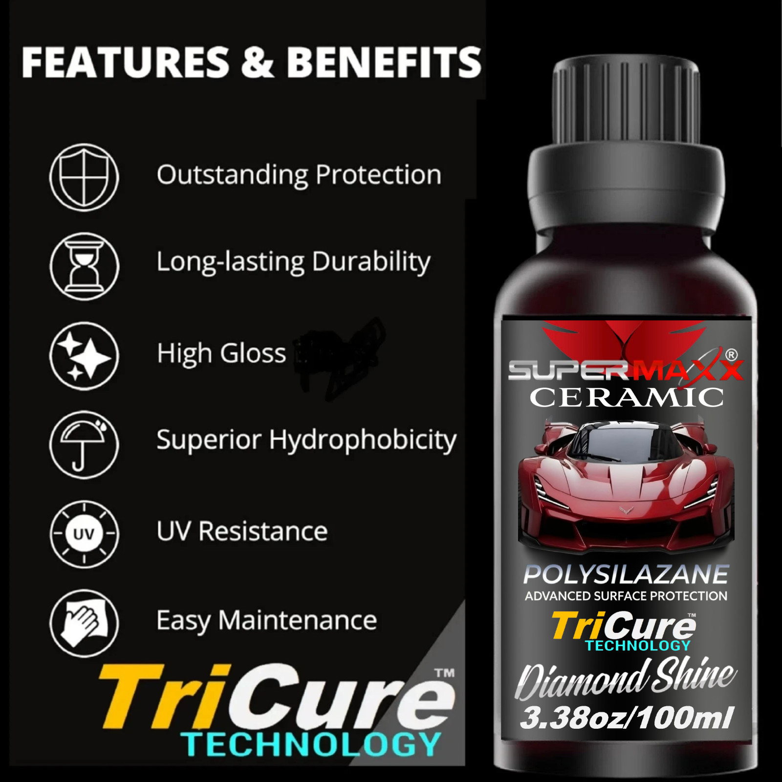 CERAMIC CAR COATING ADVANCED GLOSS ‘TRICURE PAINT PROTECTION’ – 3.38oz/100ml KIT