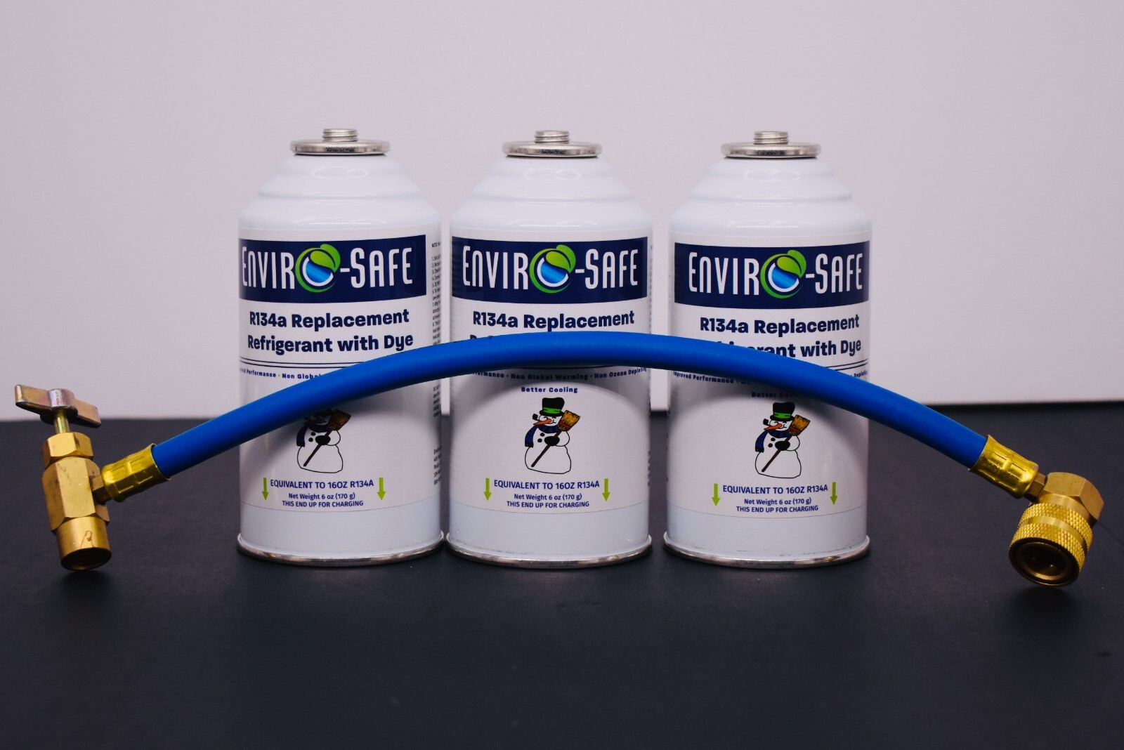 R134a Replacement Refrigerant with dye, 3 CANS, Charging Hose.