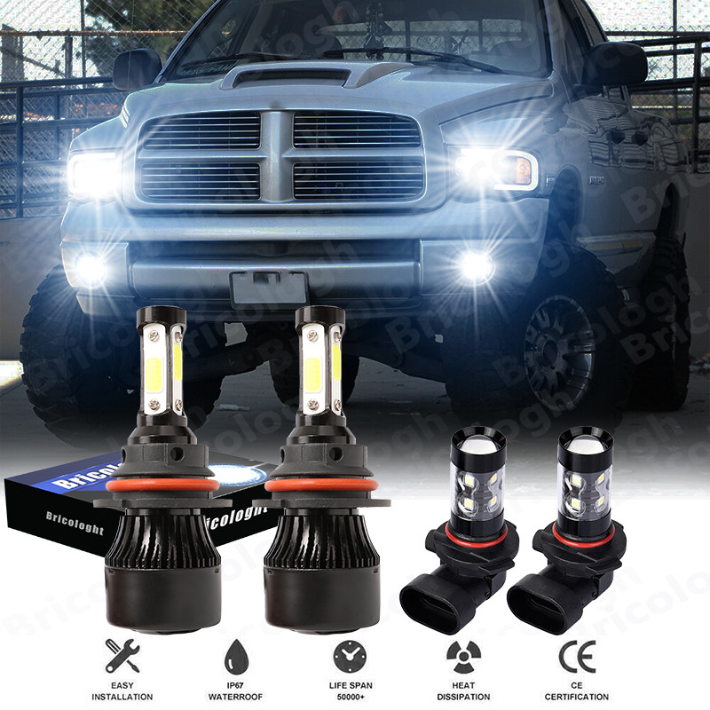 LED Headlight + Fog Light Bulbs COB For 2003 2004 2005 Dodge Ram 1500 2500 3500