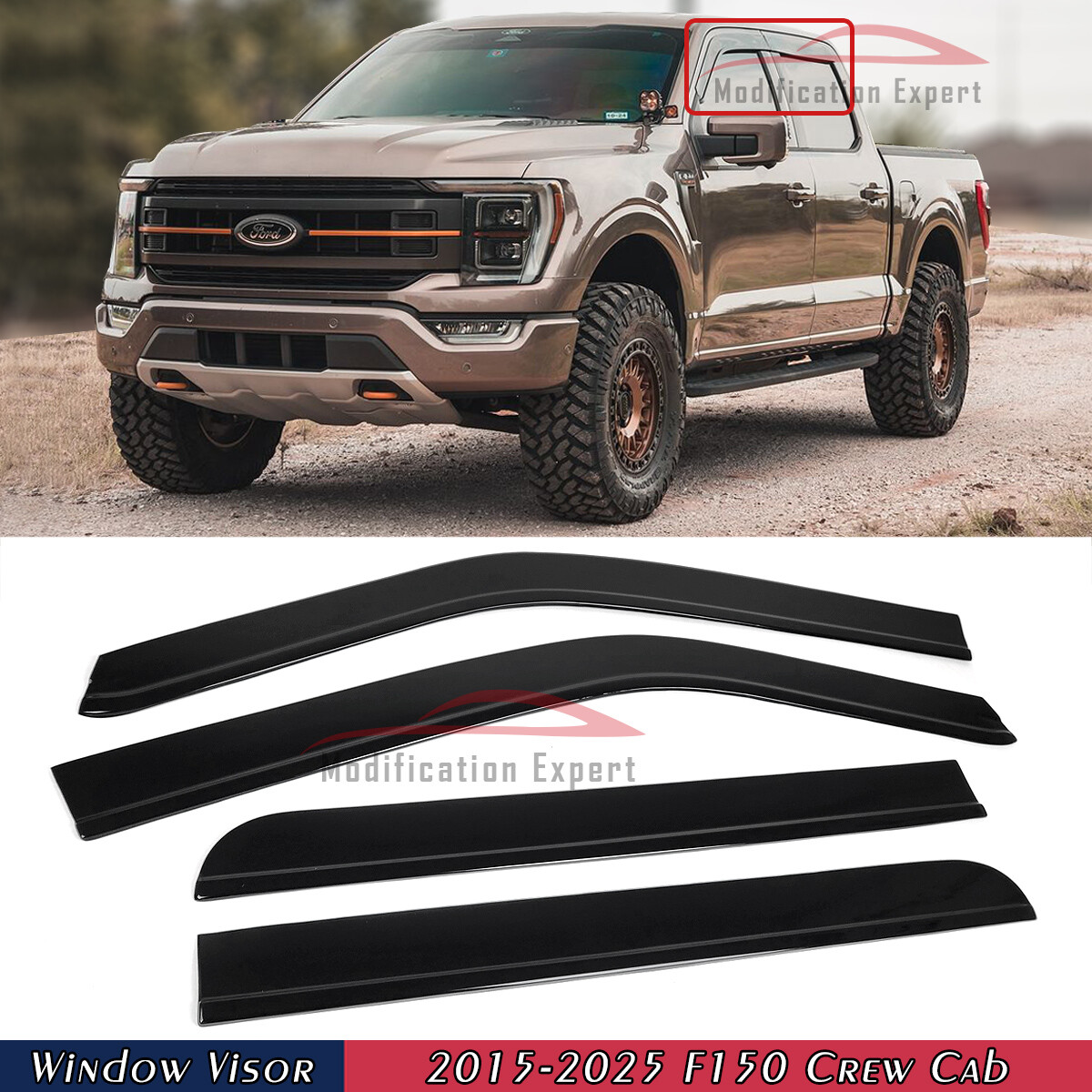 For 2015-2025 Ford F150 Crew Cab Smoke Tinted Window Visor Rain Guard Deflector