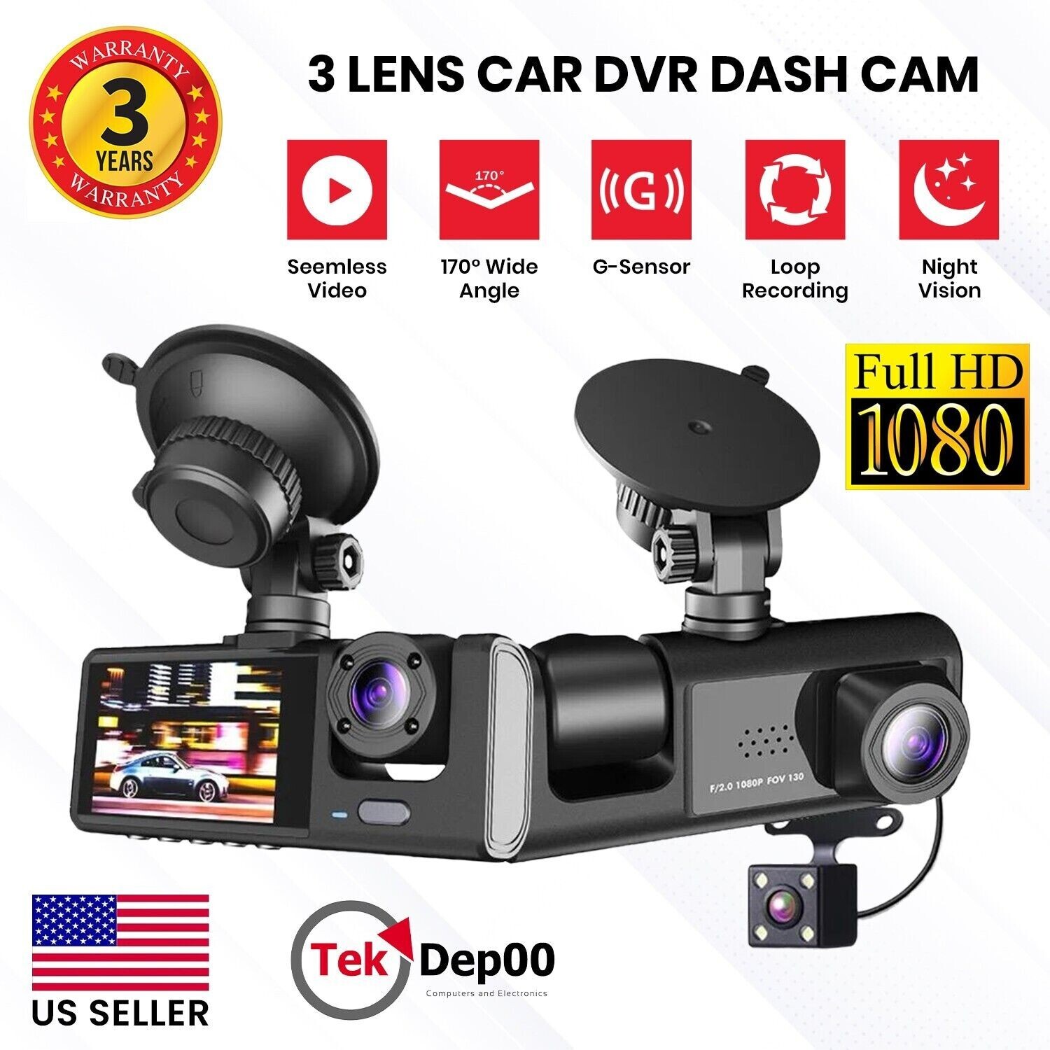 Touch Screen Dash Cam 4″ 1080P Front/Rear Camera Dual Lens Car DVR Recorder