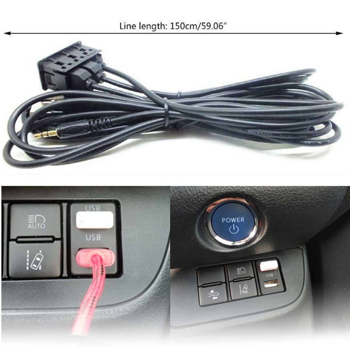 AUX Type C USB 3 Ports Panel Extension Cable Adapter Car Dash Flush Mount Kit