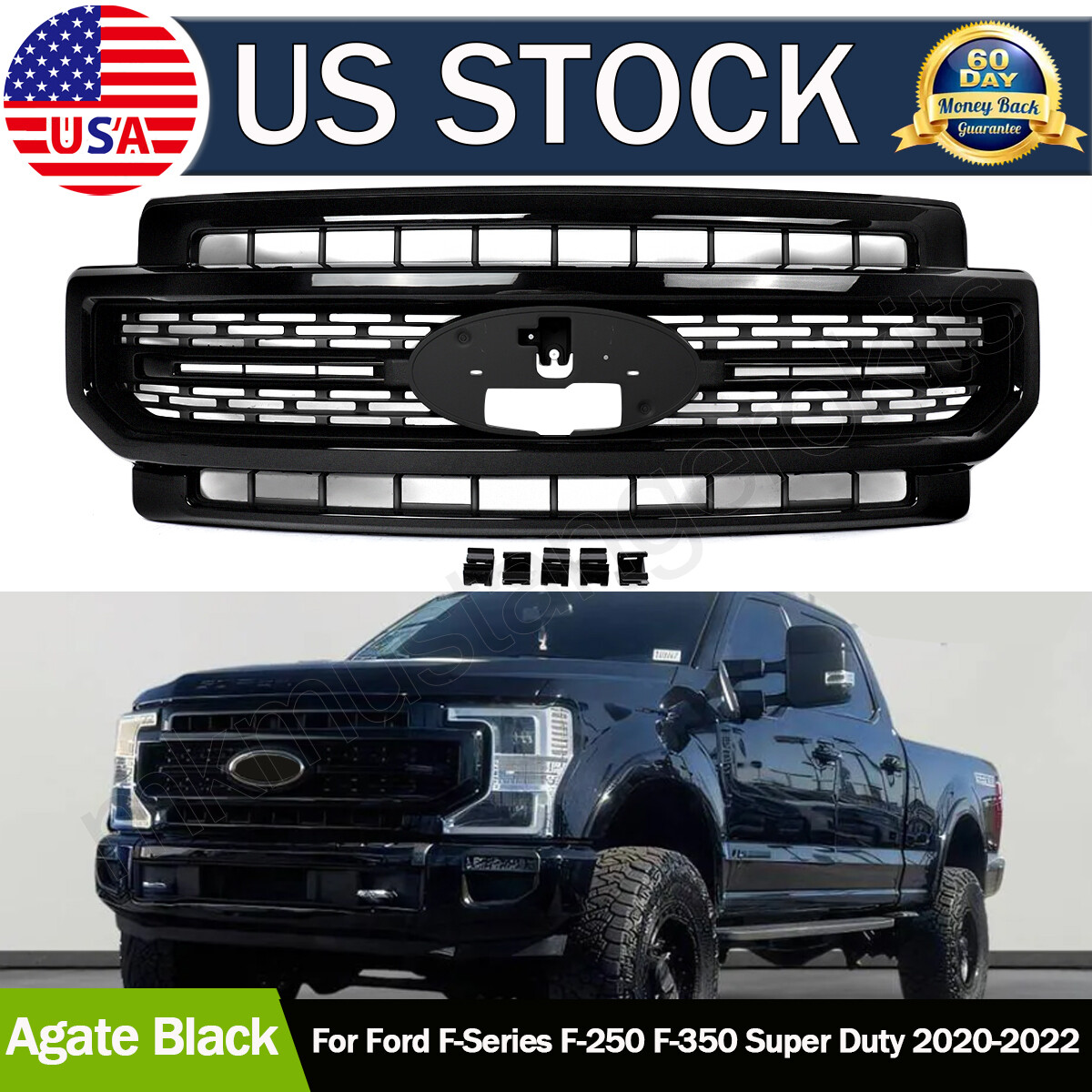 Agate Black Front Grille Assembly For 2020-2022 Ford F250 F350 Lariat Super Duty
