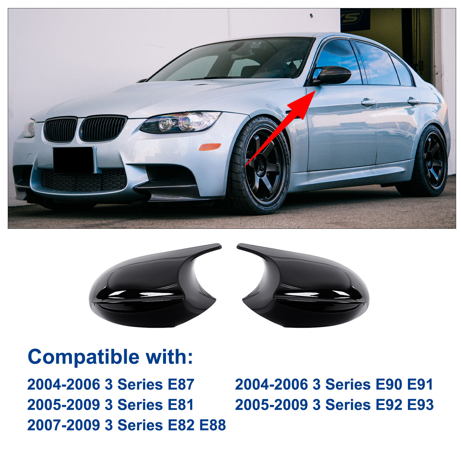 Pair For BMW E90 E91 E92 E93 PRE-LCI Gloss Black M3 Style Side Mirror Cover Caps