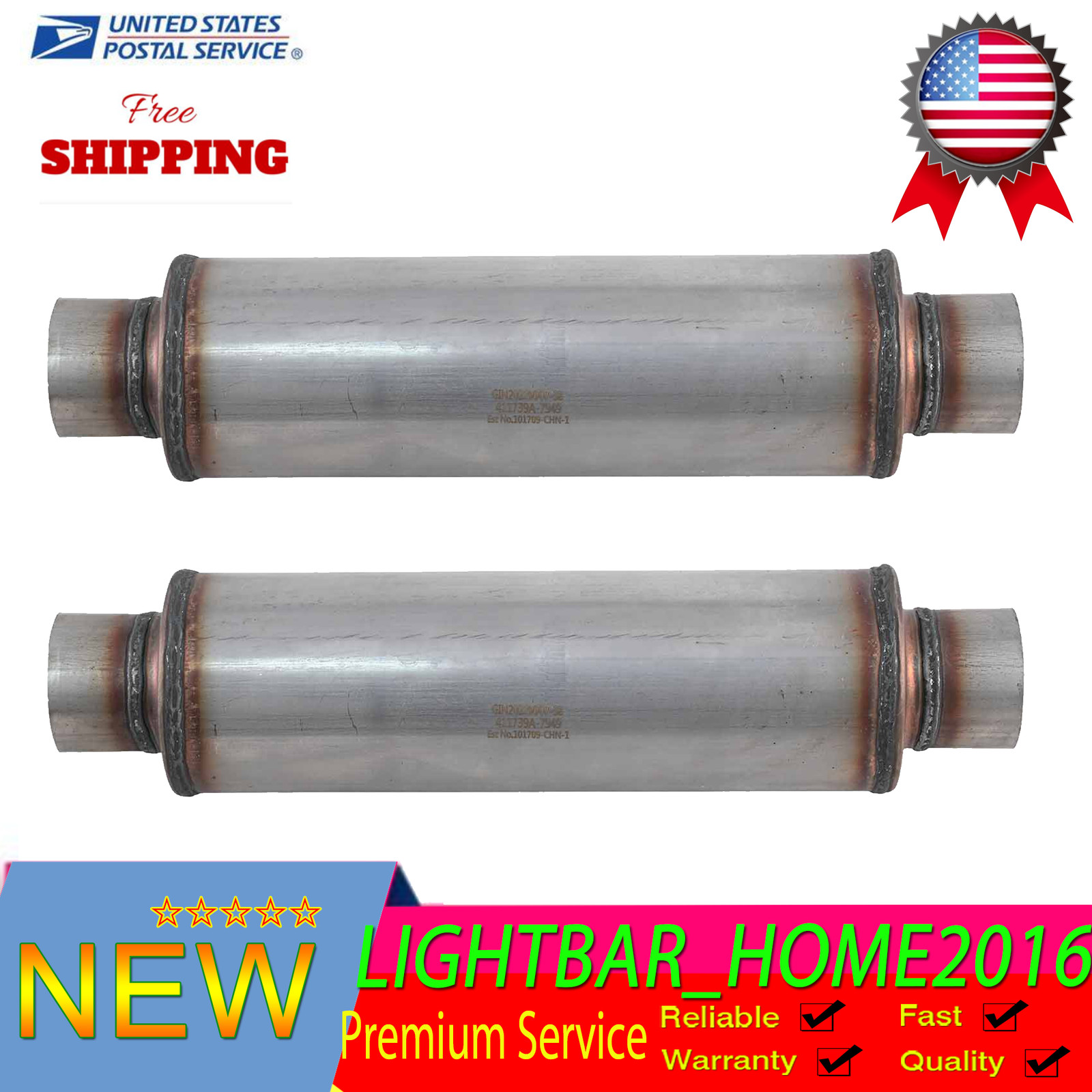 Pair of 2.5” In/Out Exhaust Muffler Round Body Moderate Sound High performance