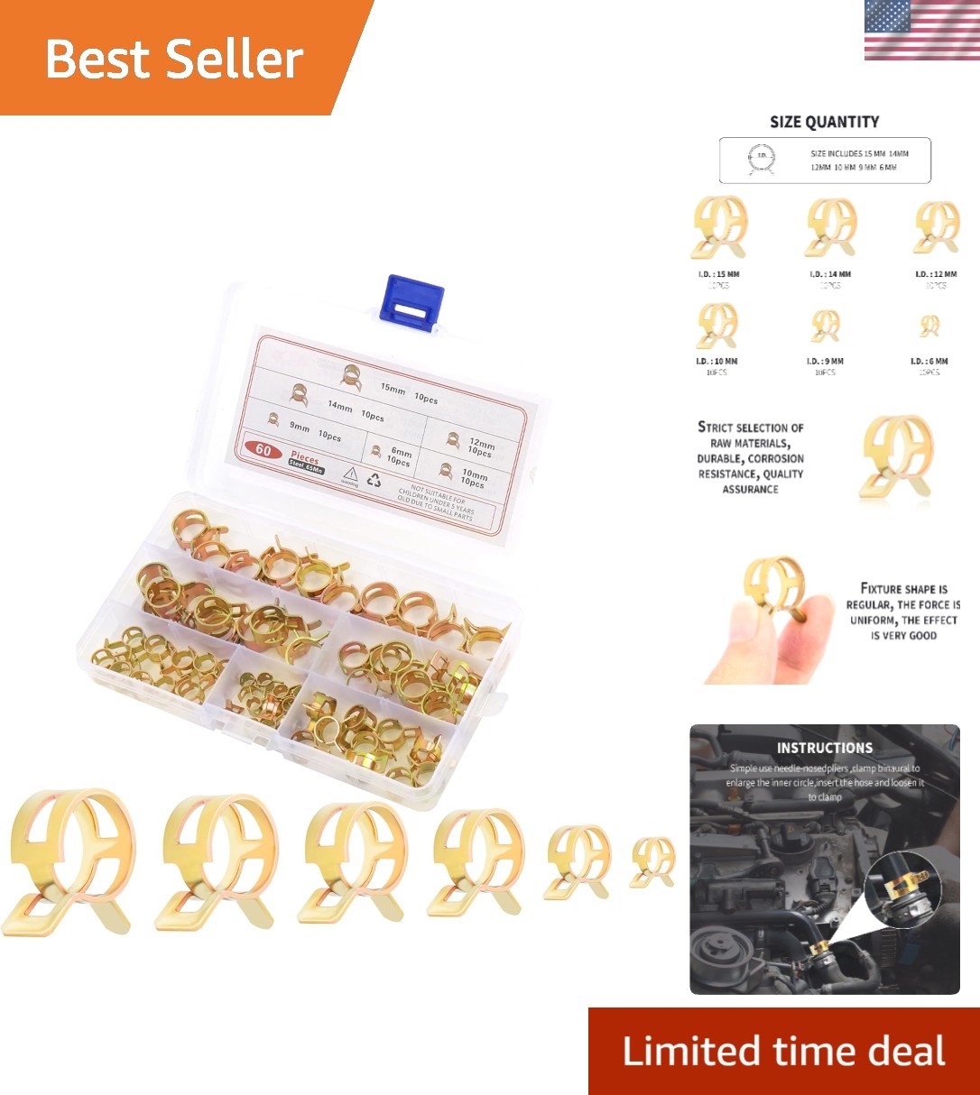 Universal 60PCS Spring Hose Clamp Assortment – Rust-Resistant, Easy to Install