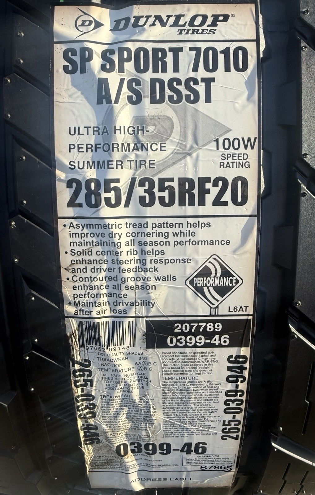 TWO BRAND NEW 285/35R20 Dunlop SP Sport 7010 A/S DSST Nissan GTR Run Flat Tires!