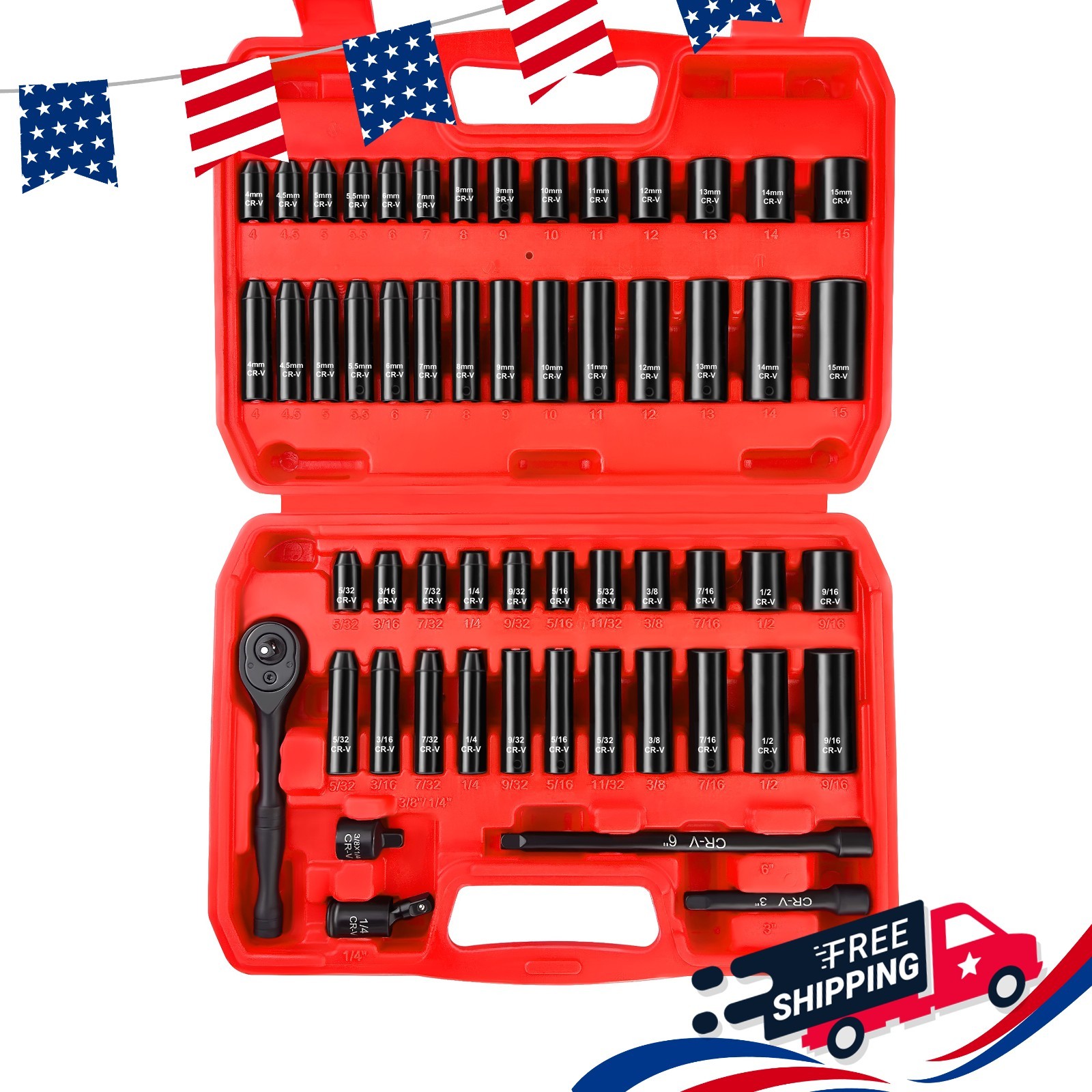 55 Piece 1/4″ Drive Impact Socket Set, SAE/Metric, Deep/Shallow, Cr-V Steel