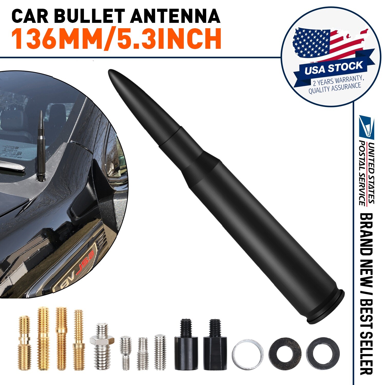 5.3 inch 50 CAL Car Bullet Short Antenna For FORD MUSTANG 1979-2024 + Screws