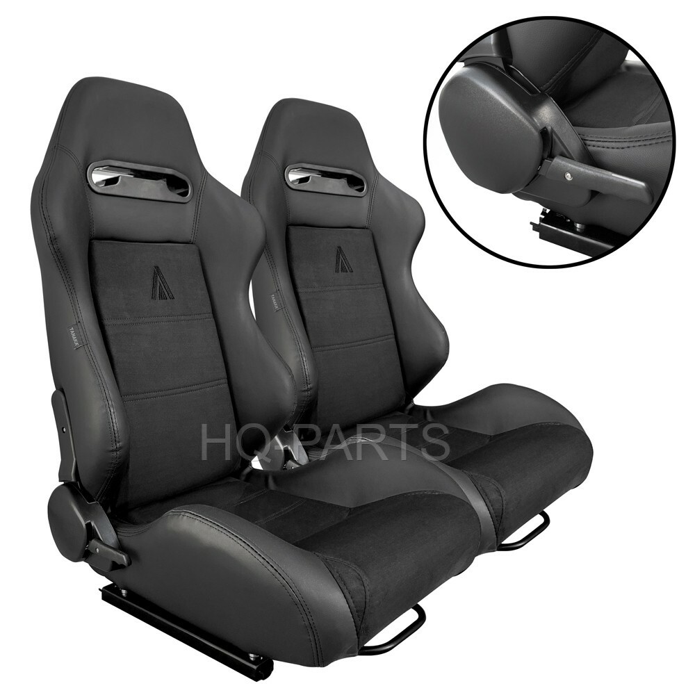 2X TANAKA BLACK PVC LEATHER & BLACK SUEDE RACING SEATS RECLINABLE FITS TOYOTA