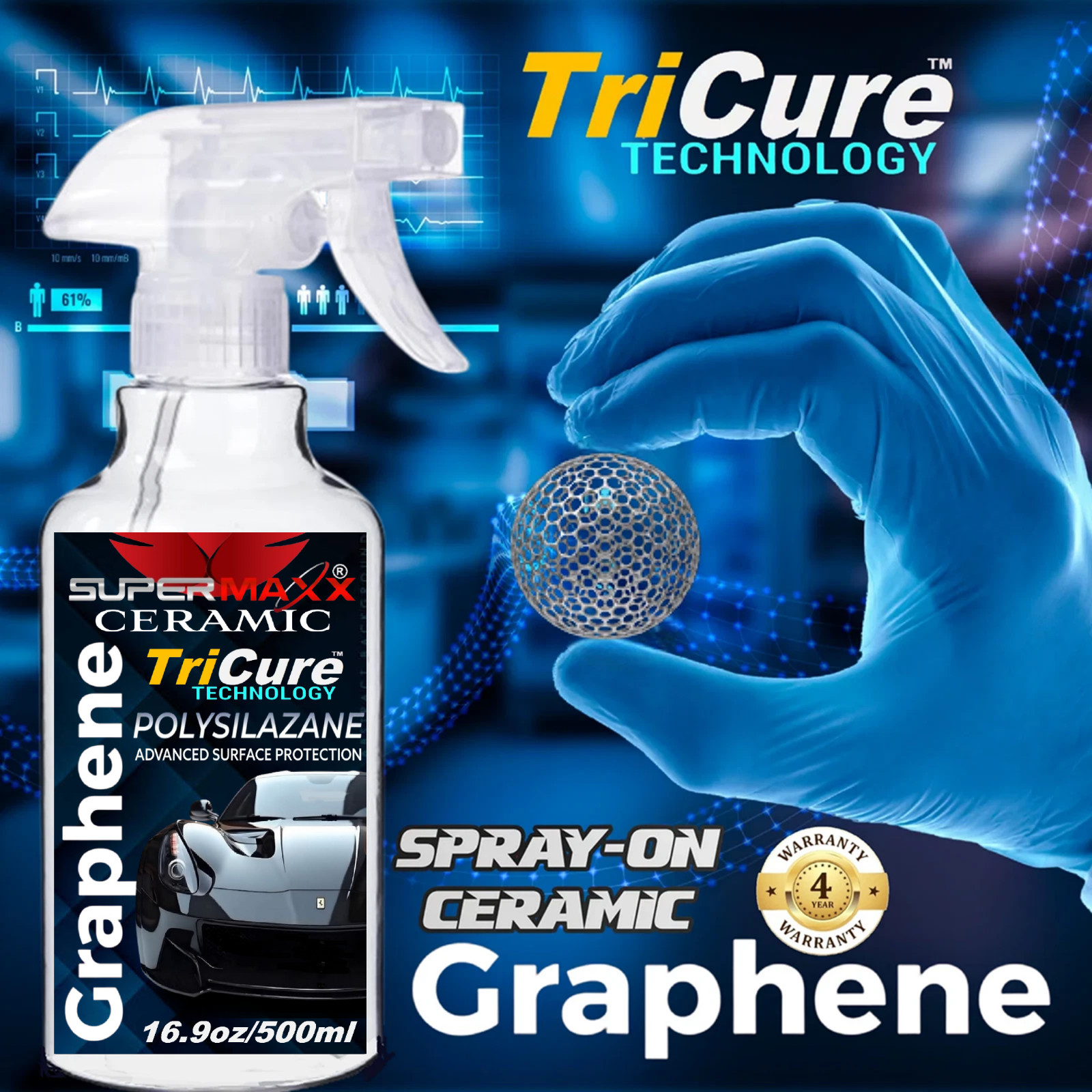 CERAMIC CAR COATING SPRAY GRAPHENE 4 YR PAINT PROTECTION – 16.9oz/500ml KIT