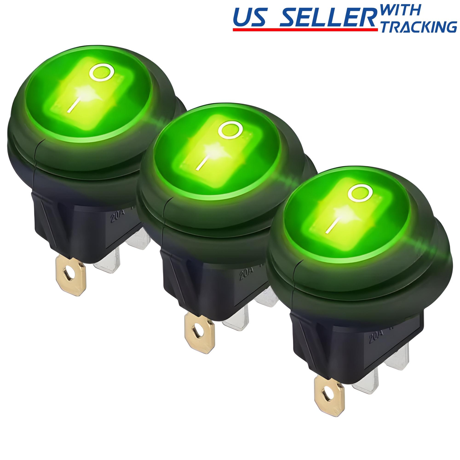 3 pcs GREEN LED 12V 20A Car Boat ON/OFF Round Waterproof Rocker Toggle Switch US