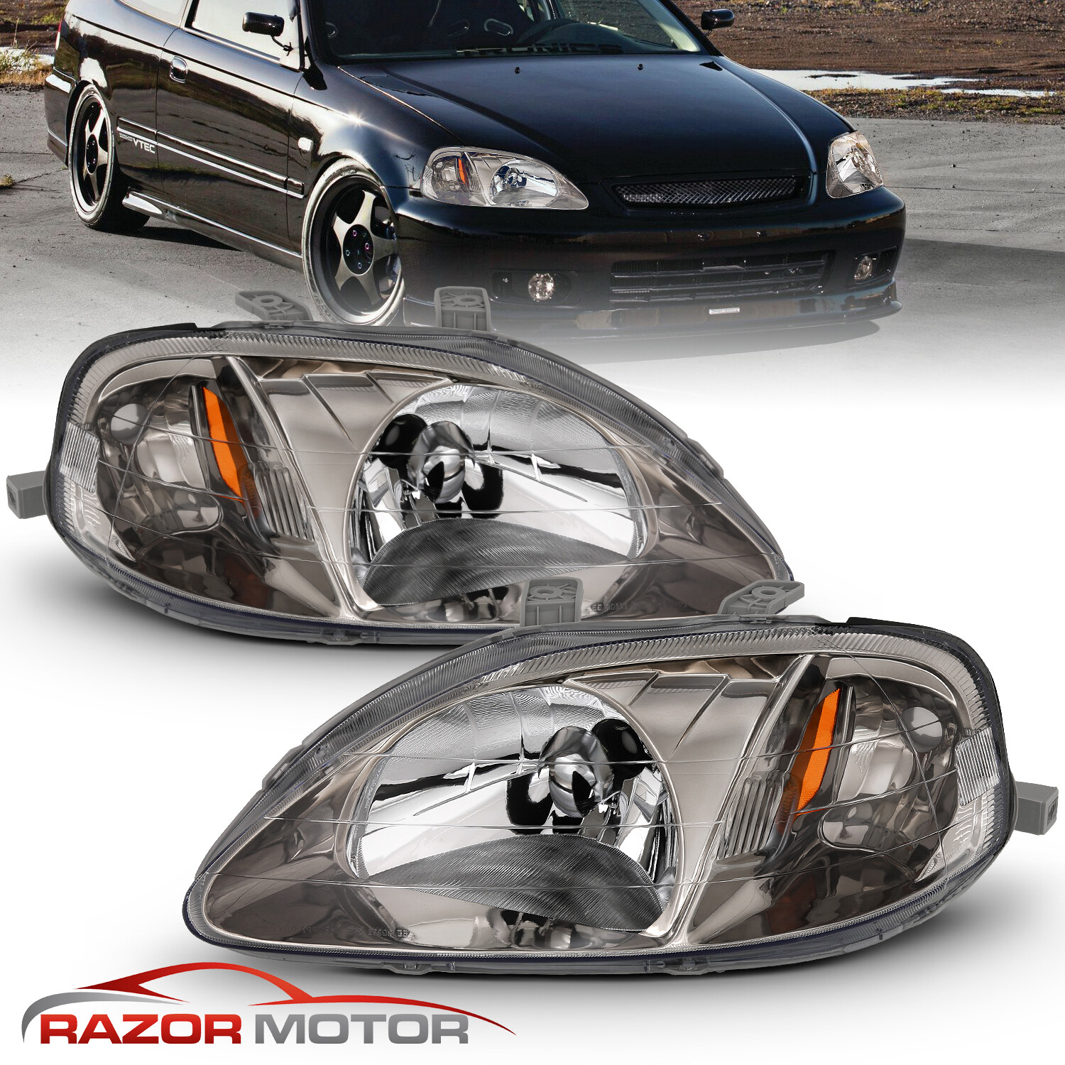 1999-00 Replacement Gunmetal Headlights for Honda Civic 2/3/4 Door EK/EJ/EM/JDM
