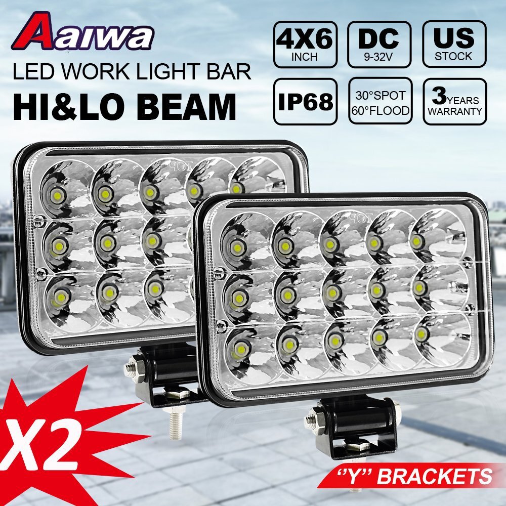 Pair 4×6” LED Headlights Sealed Driving Fog Lights Work Lights + Mount Brackets