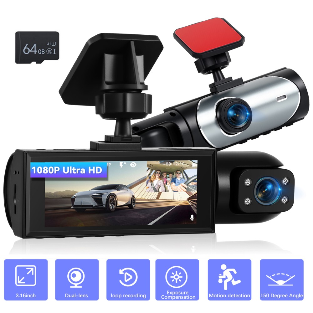 2 Lens Dash Cam 1080P HD Car DVR Video Recorder Front/Inside Camera Night Vision