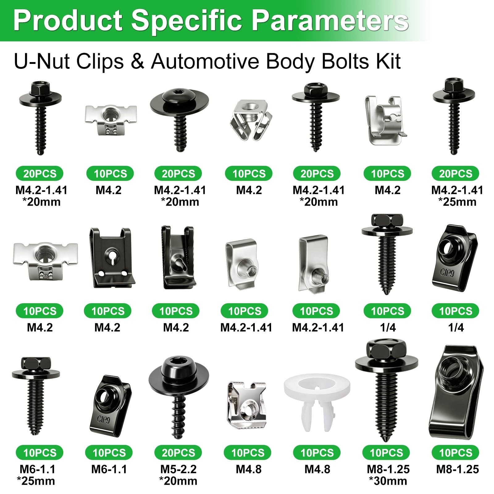 260PCS Automotive Body Bolt & U-Nut Clips Assortment Kit – 21 Sizes, Universal F