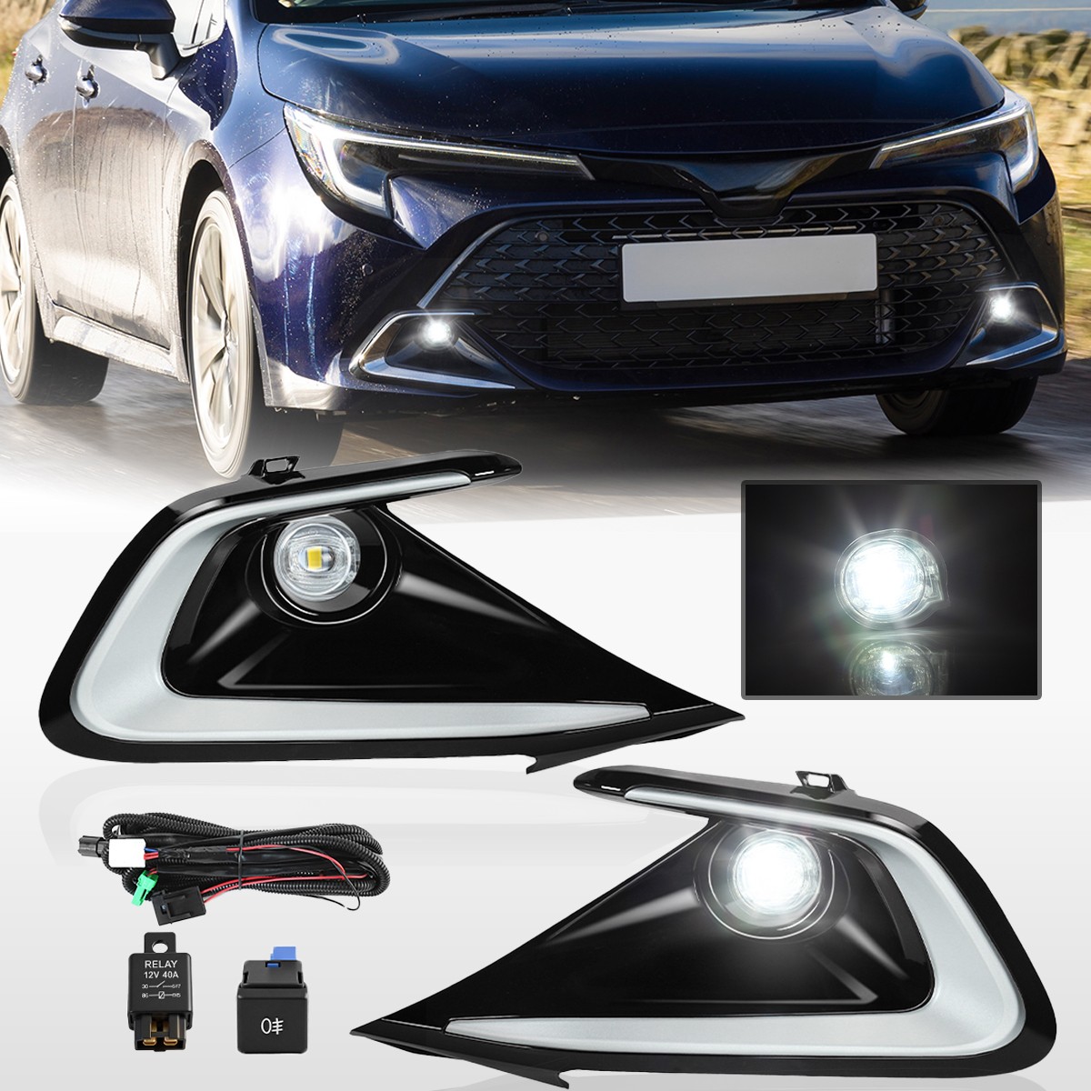 For 2023-2026 Toyota Corolla Hatckback LED Fog lights Kit White w/ Bezel Wire
