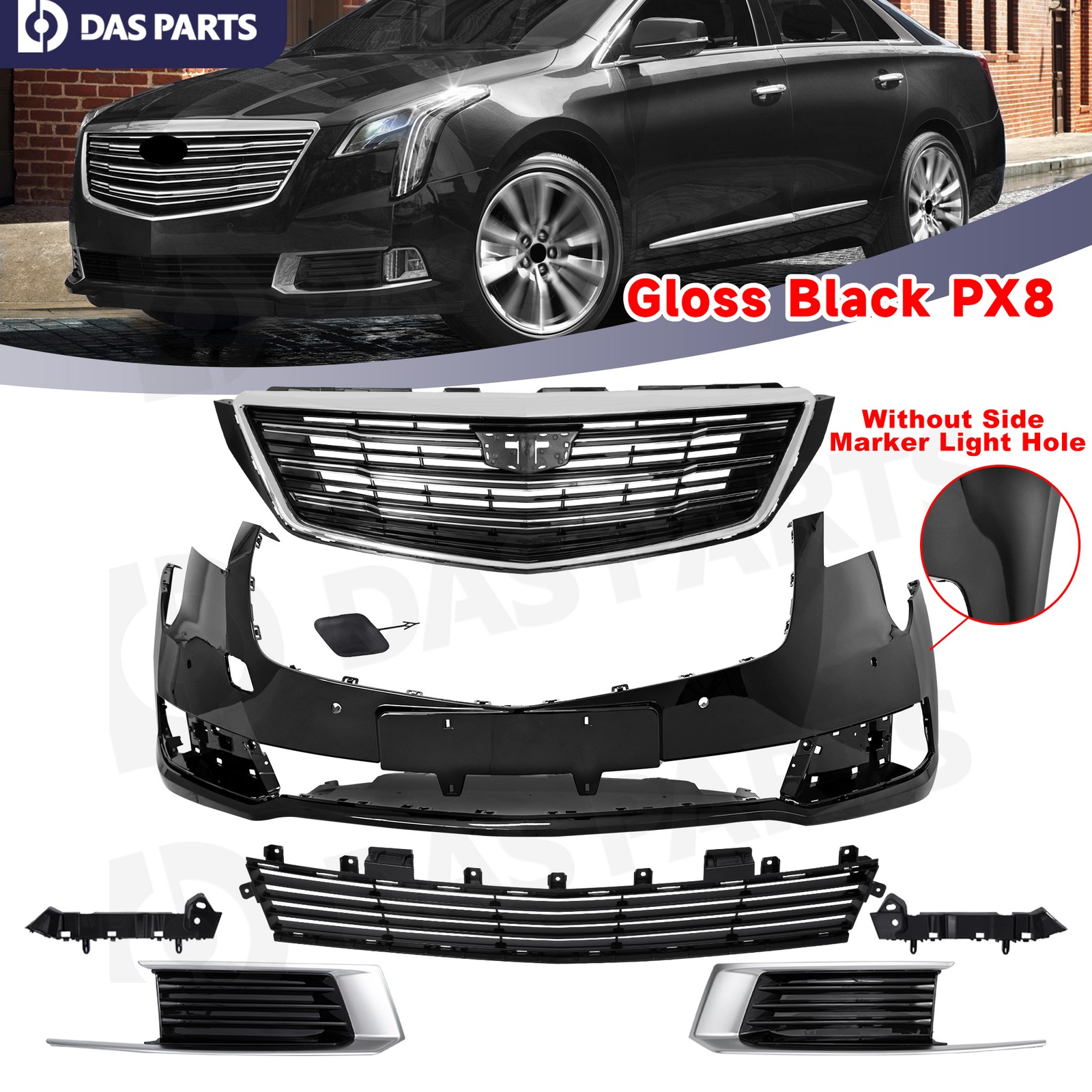 Painted PX8 Gloss Black Front Bumper Cover Grille Kit For 2018 2019 Cadillac XTS