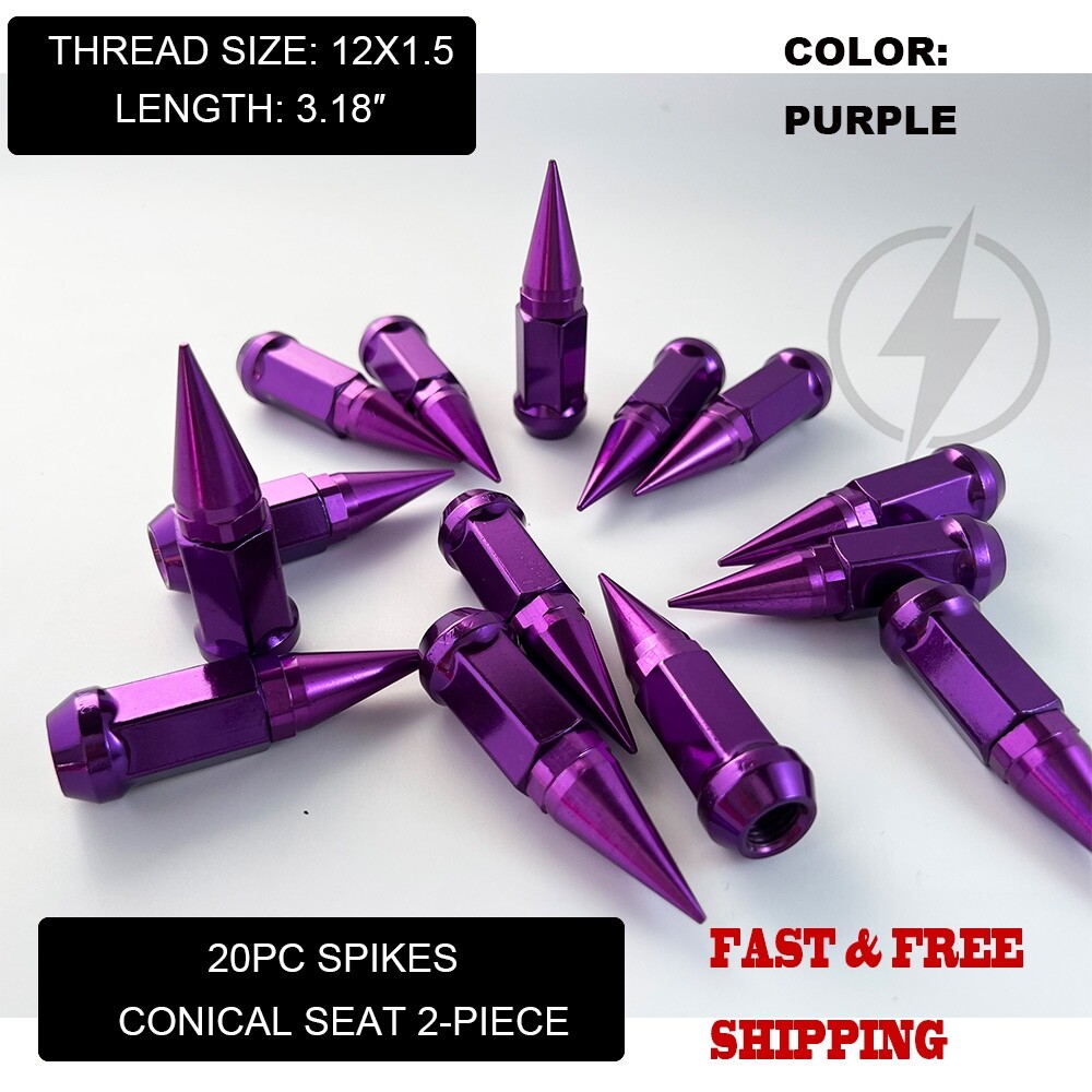 20 Purple 3.18″ Spike Lug Nuts M12x1.5 For Aftermarket Wheels 60° Conical Seat