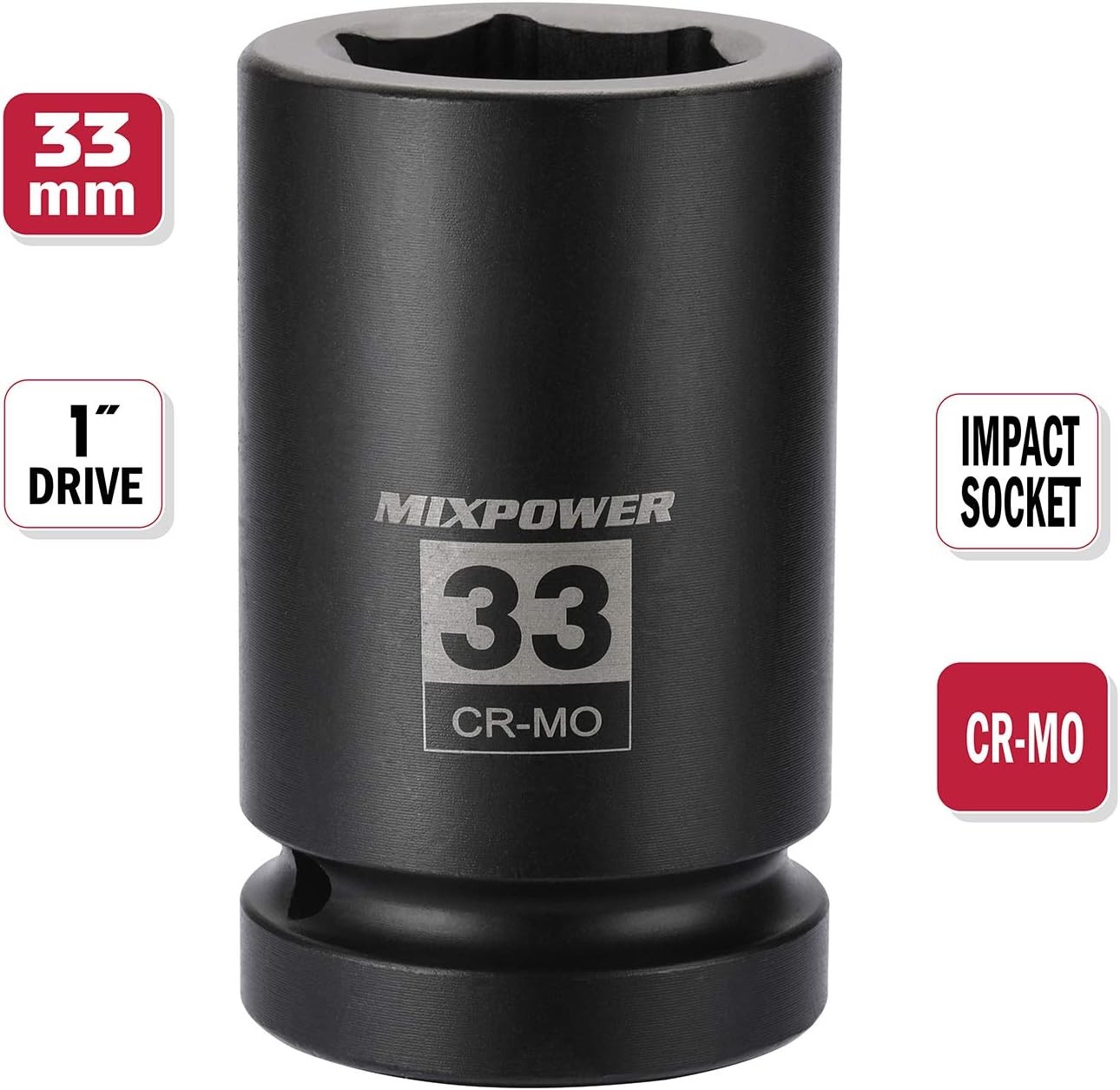 MIXPOWER 1 Inch Drive Deep Impact Socket, CR-MO, 33mm, 6 Point, Radius 33mm