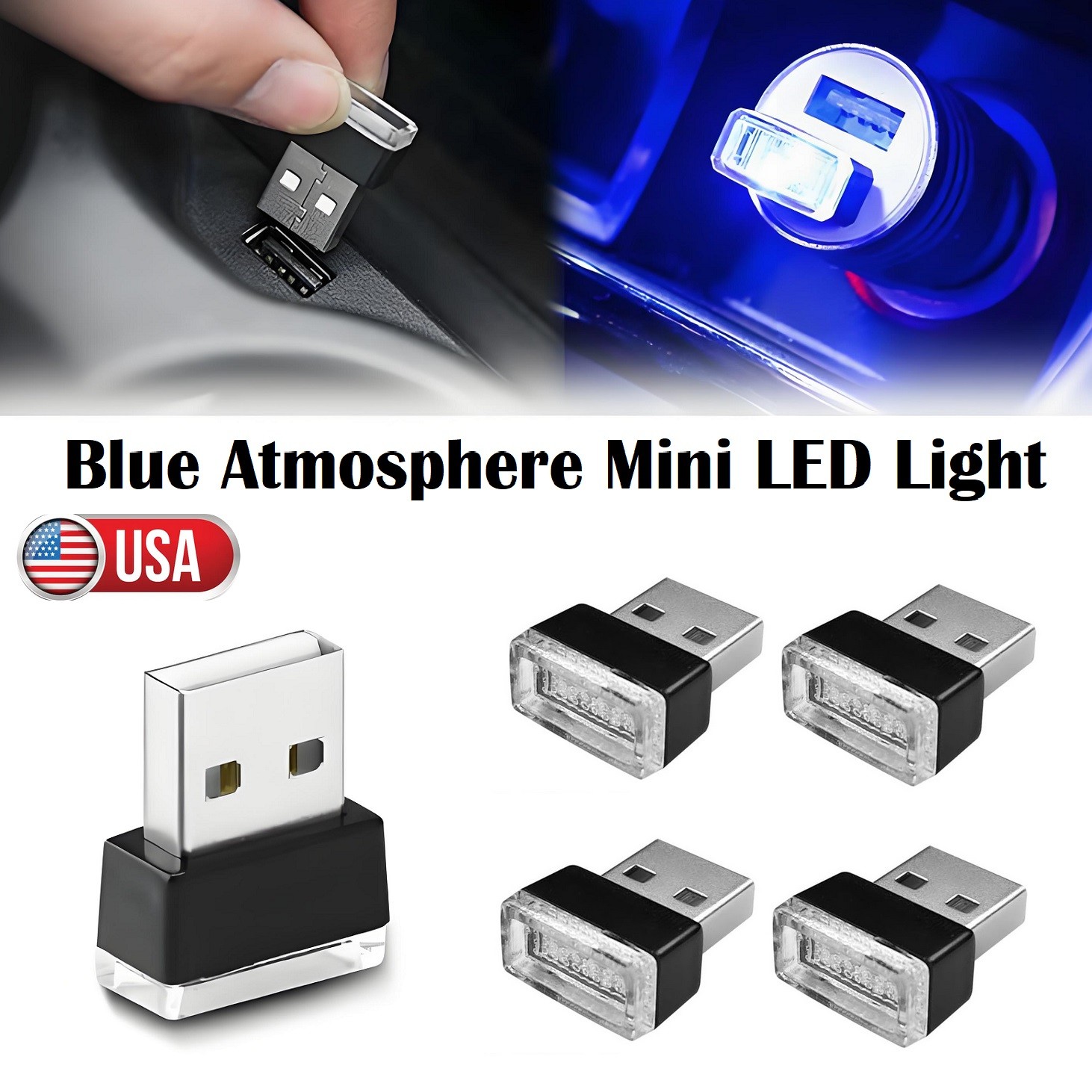 4× Car Blue Atmosphere Ambient Mini LED USB Light Car Interior Lamps Universal