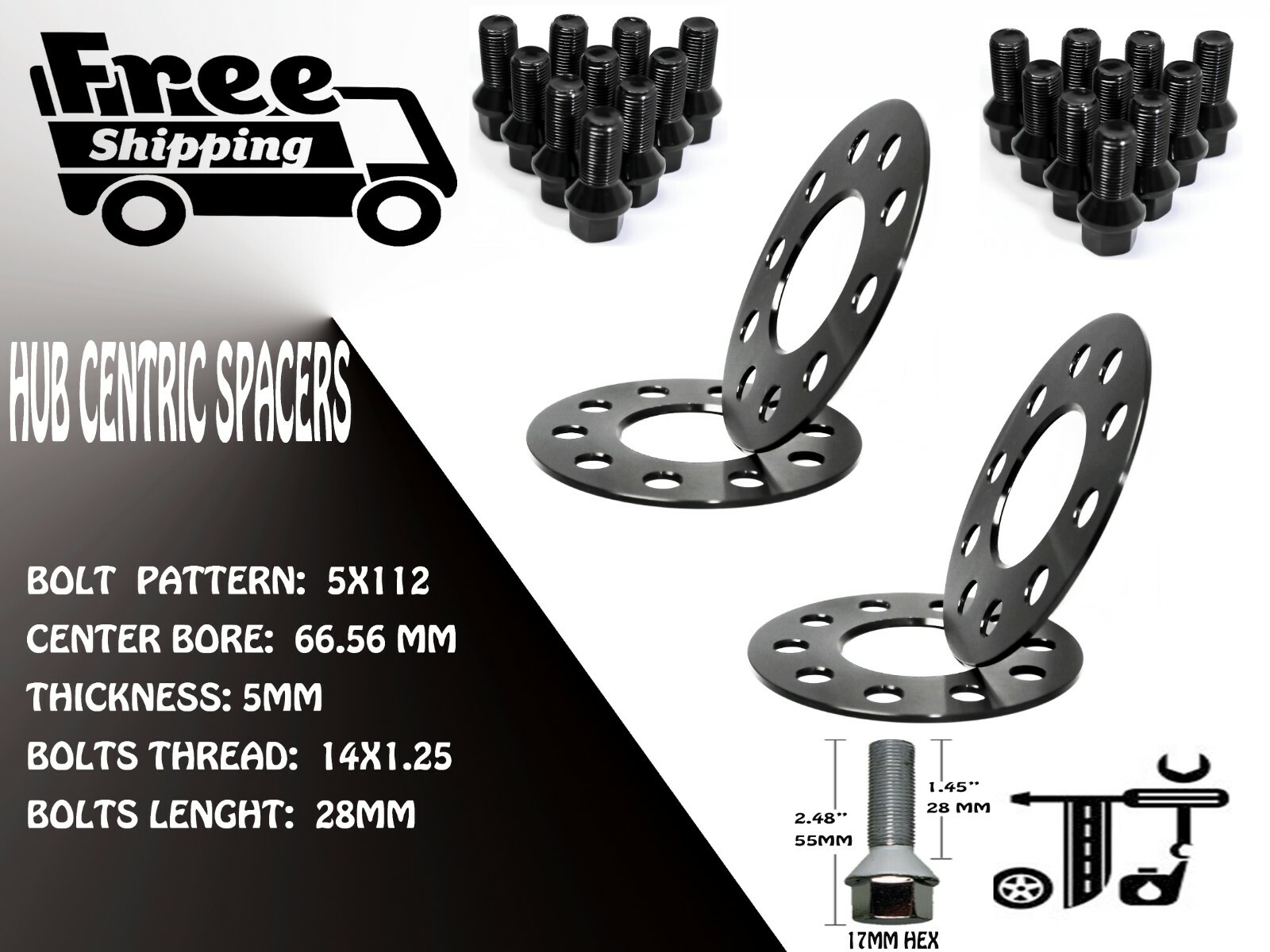 4 PCS 5MM THICK 5X112 66.56MM WHEEL SPACER + 14X1.25 BOLTS [FITS: BMW]