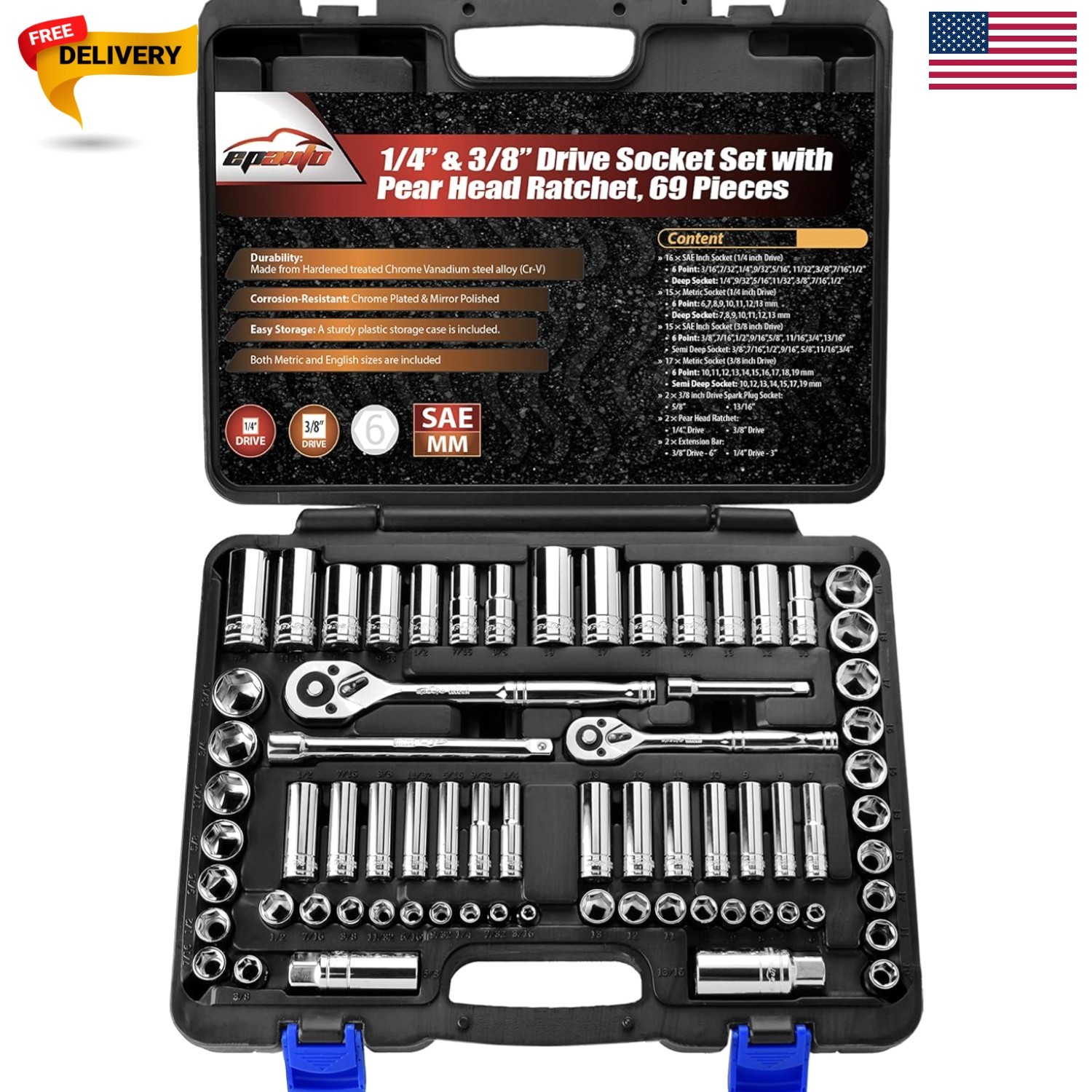69 Pieces 1/4-Inch & 3/8-Inch Drive Socket Set, Pear Head Ratchet | Chrome 92…