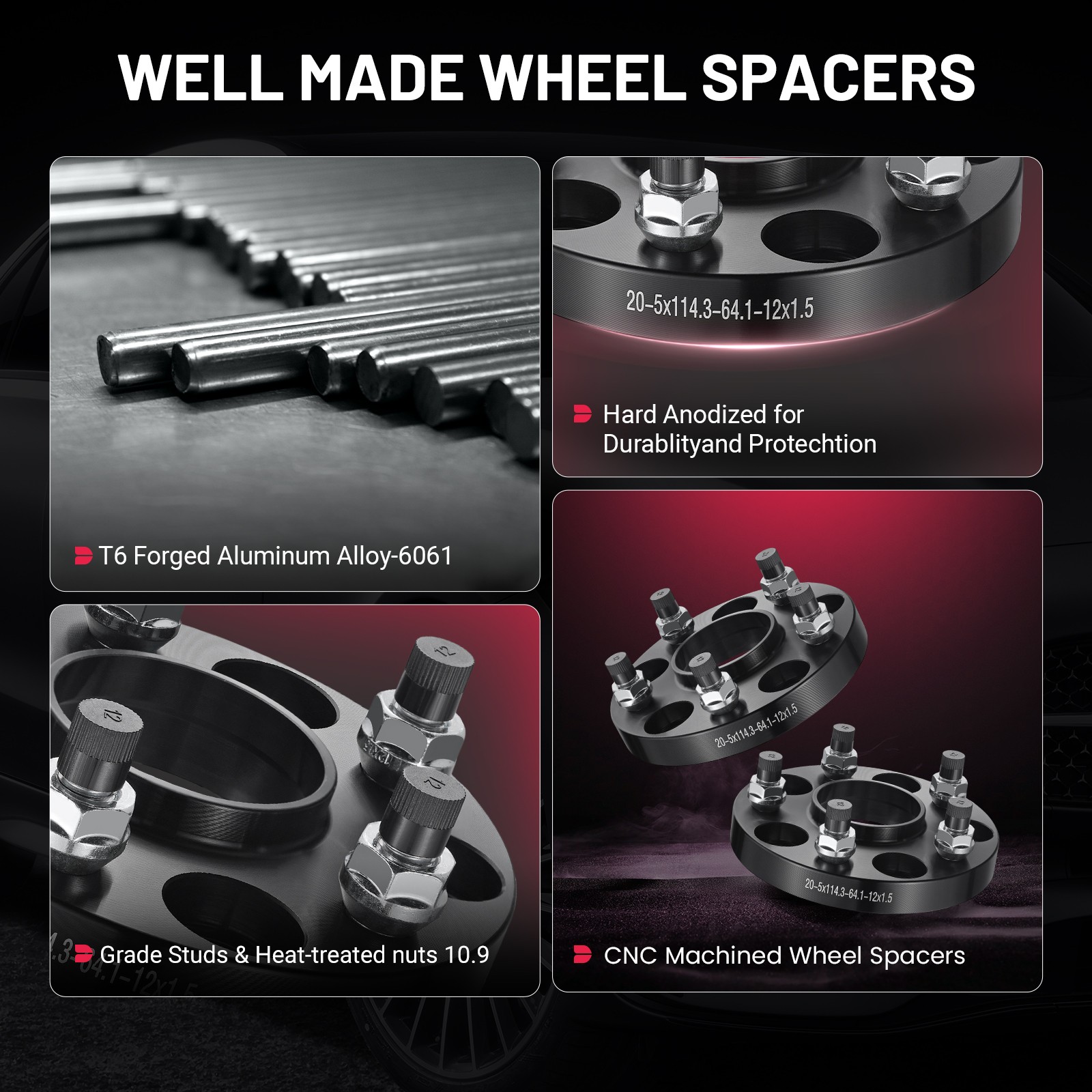 (4) 20mm Wheel Spacers 5×114.3 for Honda Civic Acura 64.1mm Hub Bore M12x1.5