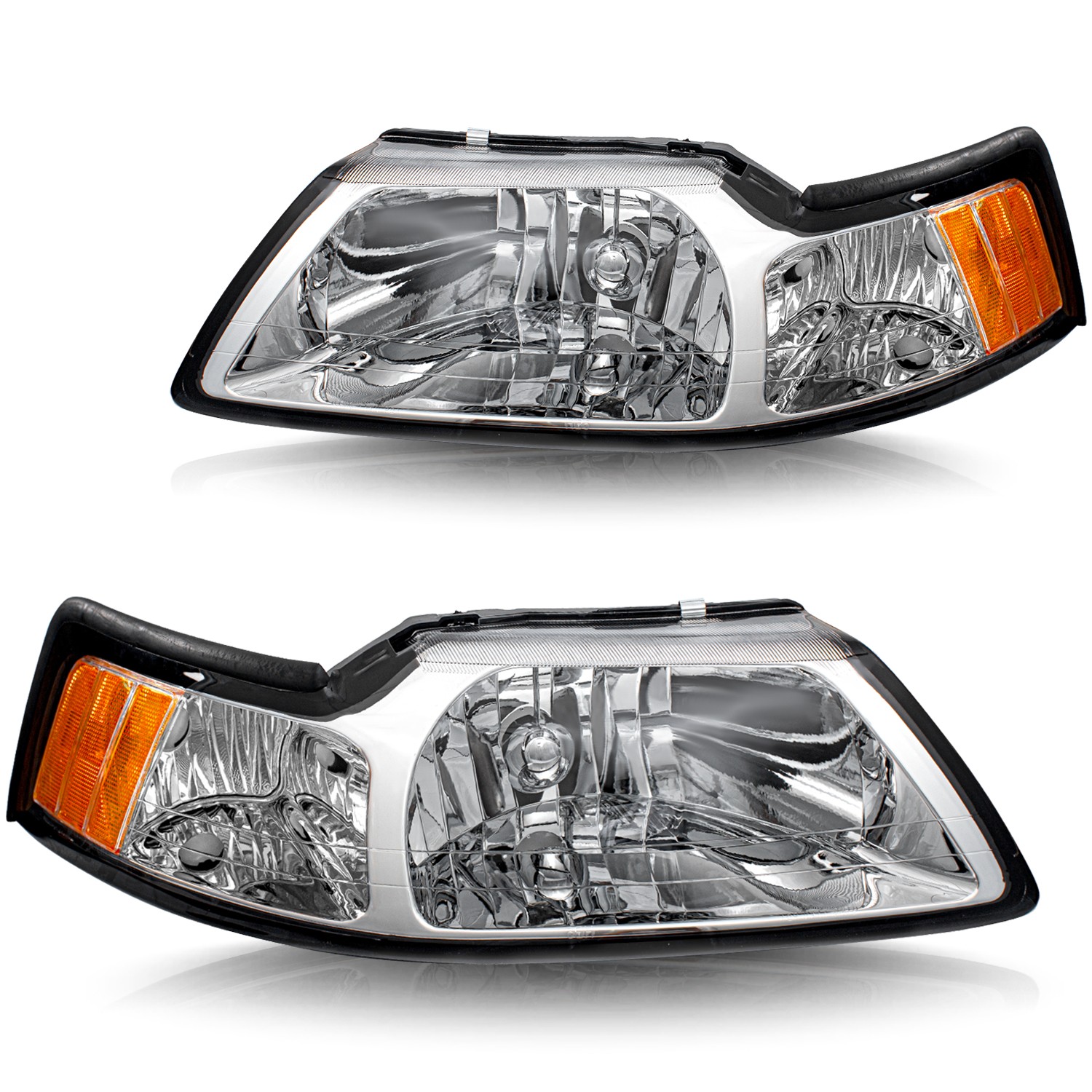 For 1999-2004 Ford Mustang Halogen Chrome Headlights Assembly Lamps Left&Right