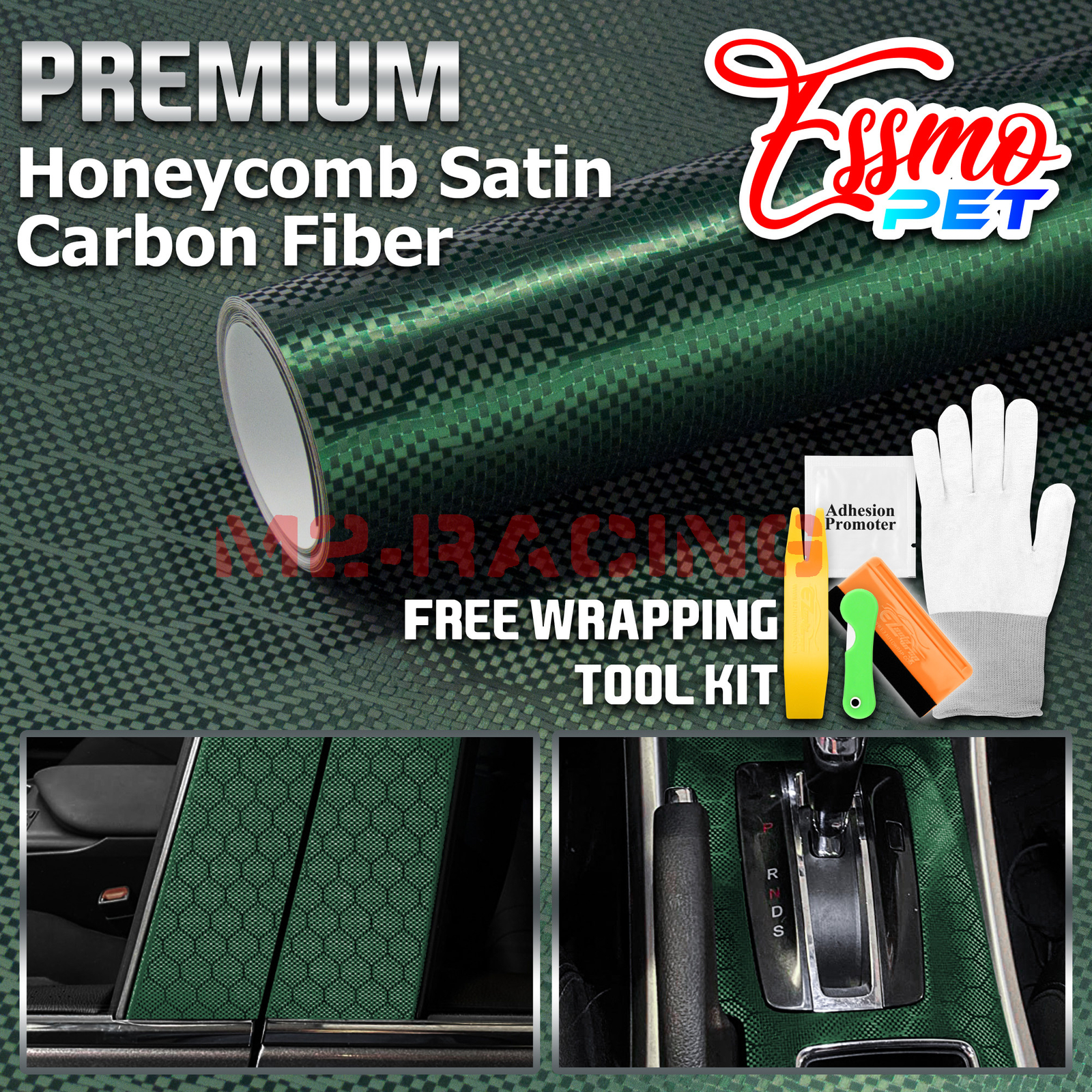 PET Honeycomb Carbon Fiber Satin Venom Green Hex Vehicle Vinyl Wrap Decal Sheet