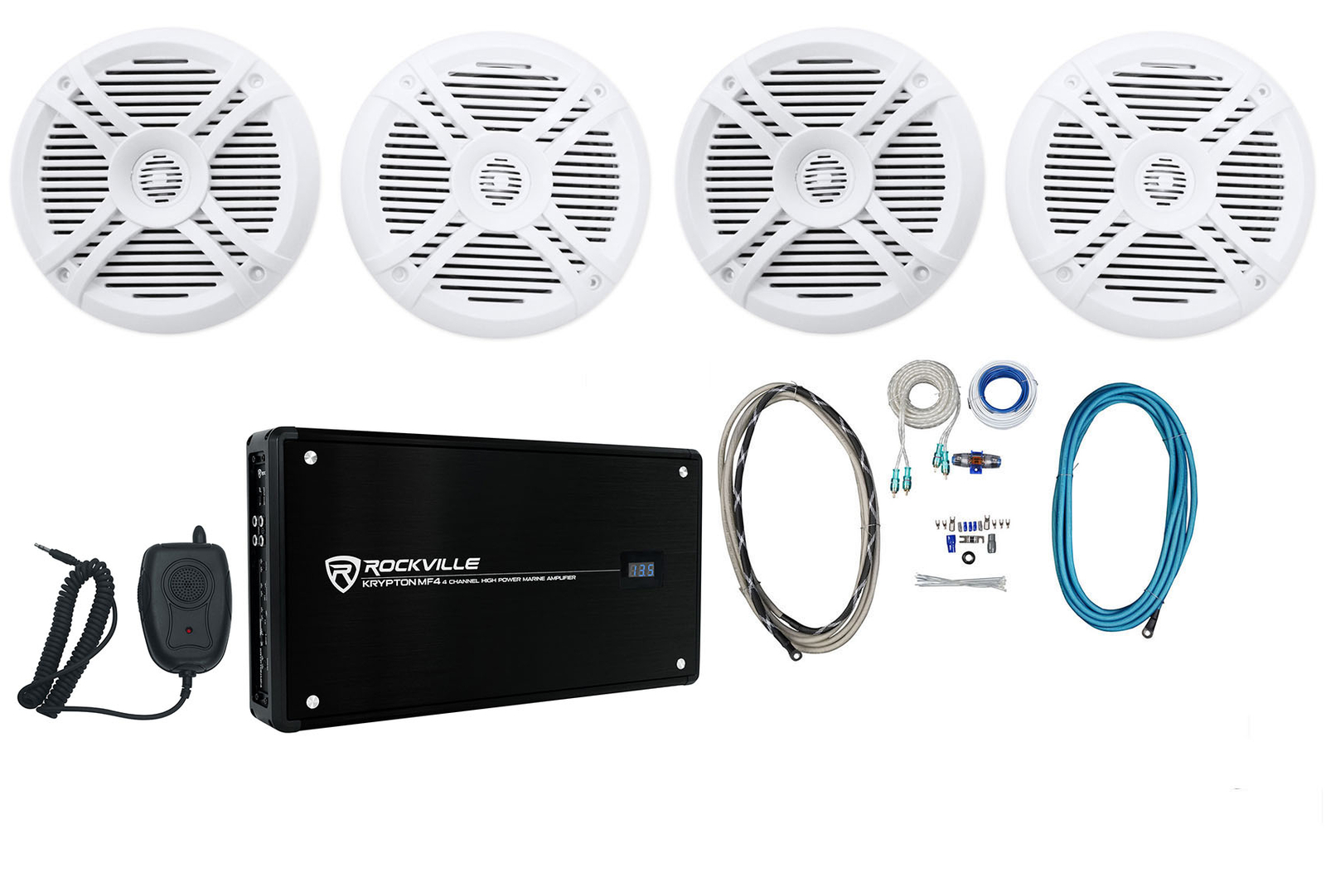 (4) Rockville RMSTS65W 6.5″ 1600w Marine Boat Speakers+4-Ch Amplifier+Amp Kit